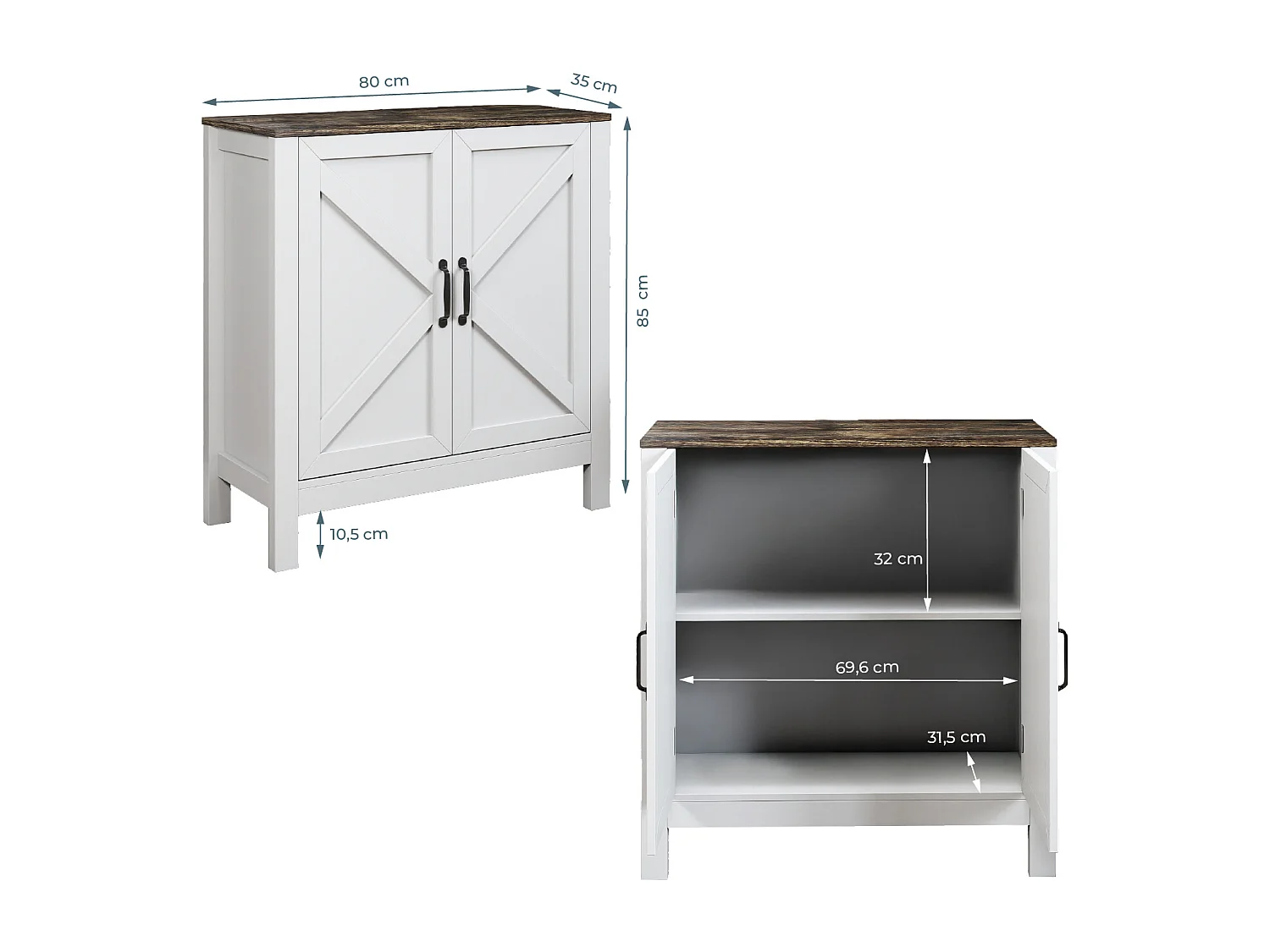 Aparador para Salón comedor en Color Blanco y Roble Rustic 80x35x85cm Olivia