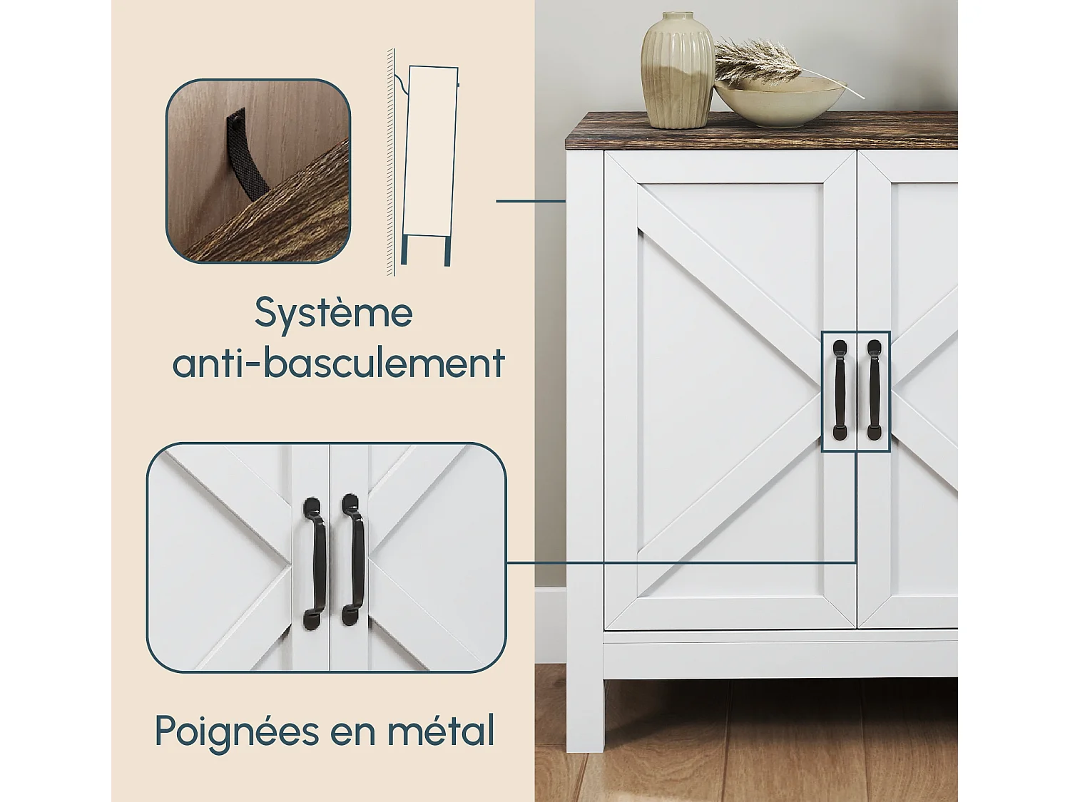 Aparador para Salón comedor en Color Blanco y Roble Rustic 80x35x85cm Olivia