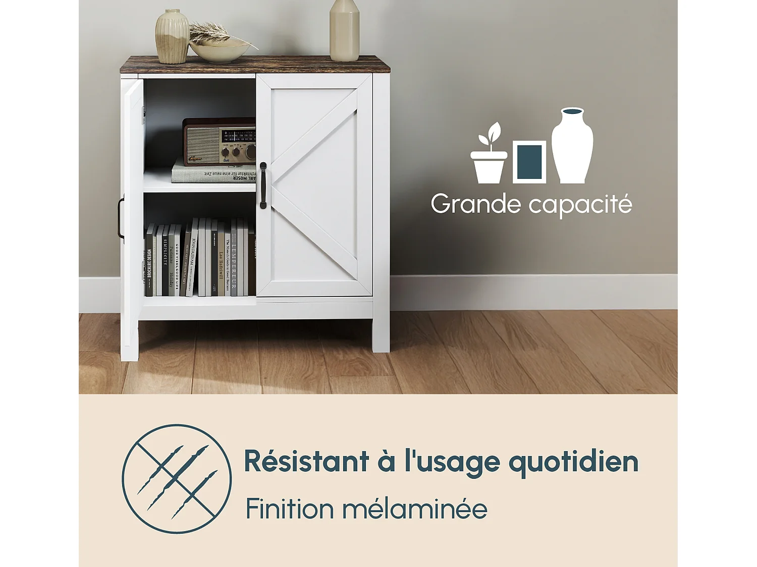 Aparador para Salón comedor en Color Blanco y Roble Rustic 80x35x85cm Olivia