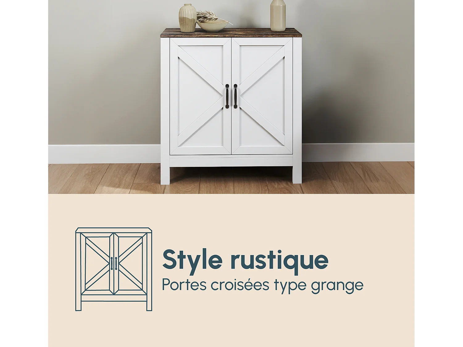 Aparador para Salón comedor en Color Blanco y Roble Rustic 80x35x85cm Olivia