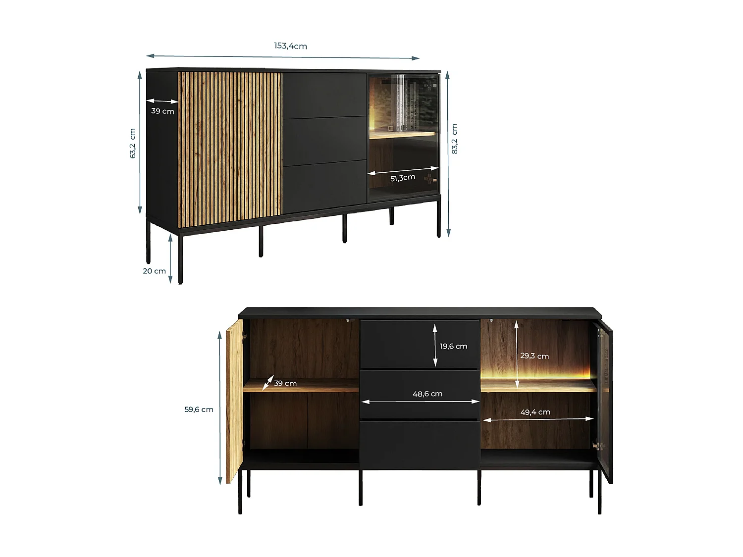 Bahut Buffet en Coleur Noir et Chêne Eos avec LED 153,4x39x83cm Lux