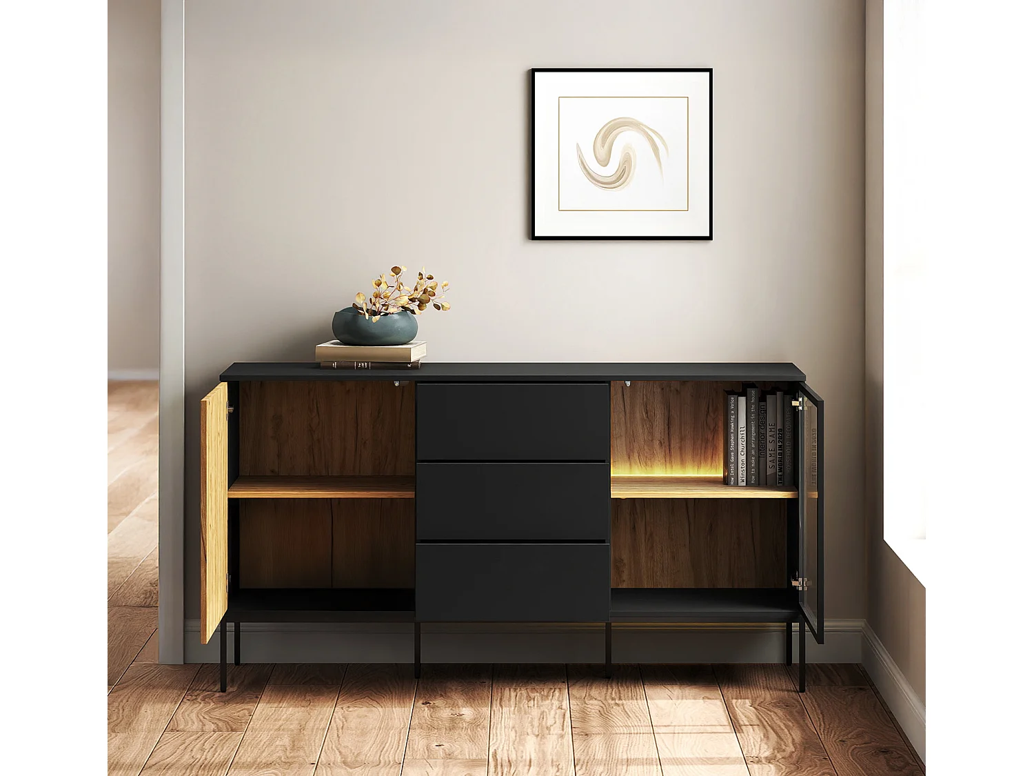 Bahut Buffet en Coleur Noir et Chêne Eos avec LED 153,4x39x83cm Lux