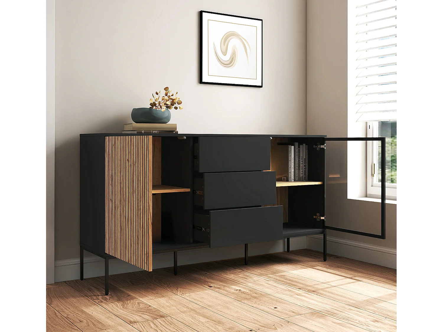 Bahut Buffet en Coleur Noir et Chêne Eos avec LED 153,4x39x83cm Lux