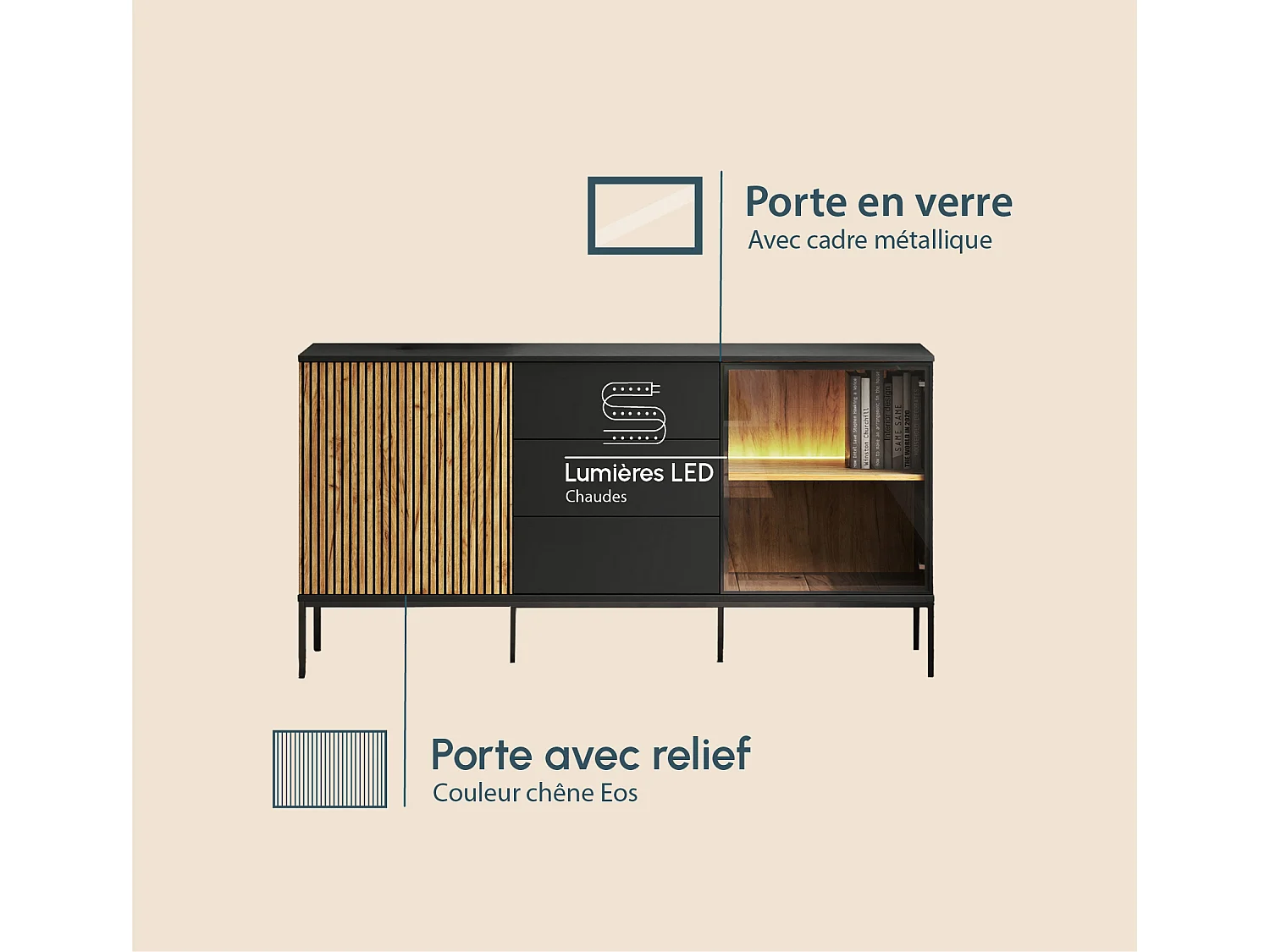 Bahut Buffet en Coleur Noir et Chêne Eos avec LED 153,4x39x83cm Lux