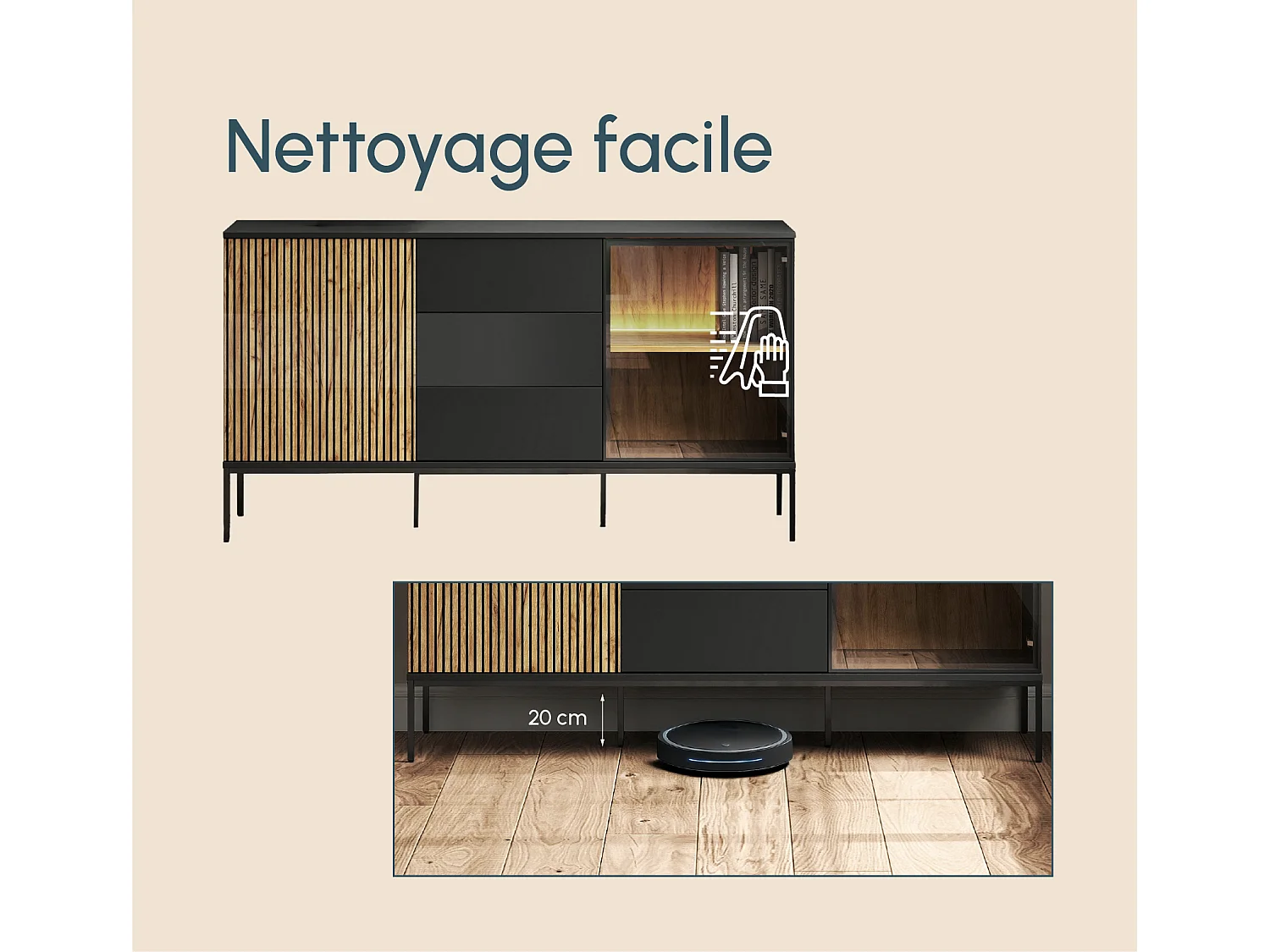 Bahut Buffet en Coleur Noir et Chêne Eos avec LED 153,4x39x83cm Lux