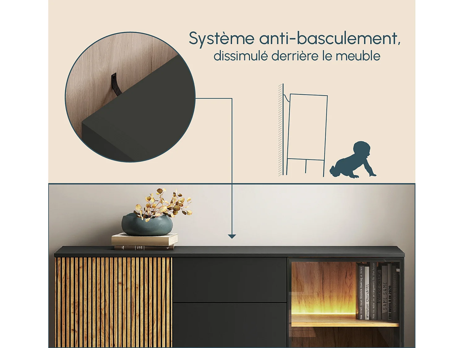 Bahut Buffet en Coleur Noir et Chêne Eos avec LED 153,4x39x83cm Lux