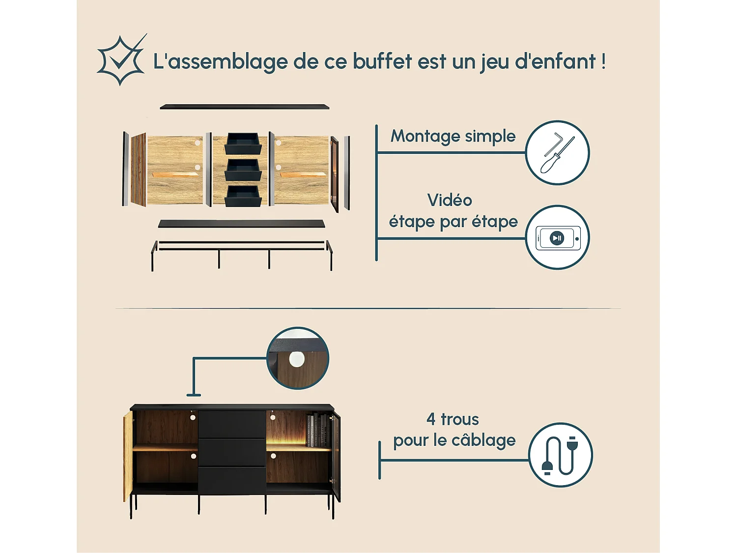 Bahut Buffet en Coleur Noir et Chêne Eos avec LED 153,4x39x83cm Lux