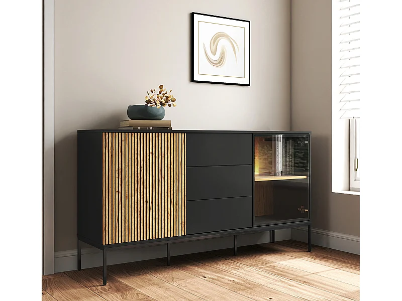 Bahut Buffet en Coleur Noir et Chêne Eos avec LED 153,4x39x83cm Lux