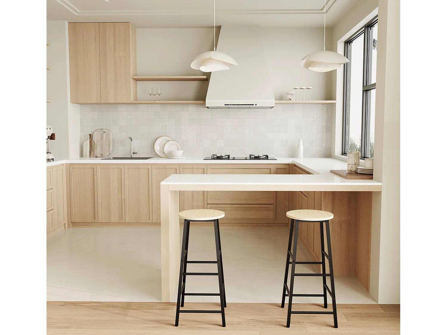 Tabourets pour Cuisine Salle à manger en Noir et Sonoma 33x33x71cm Lucca