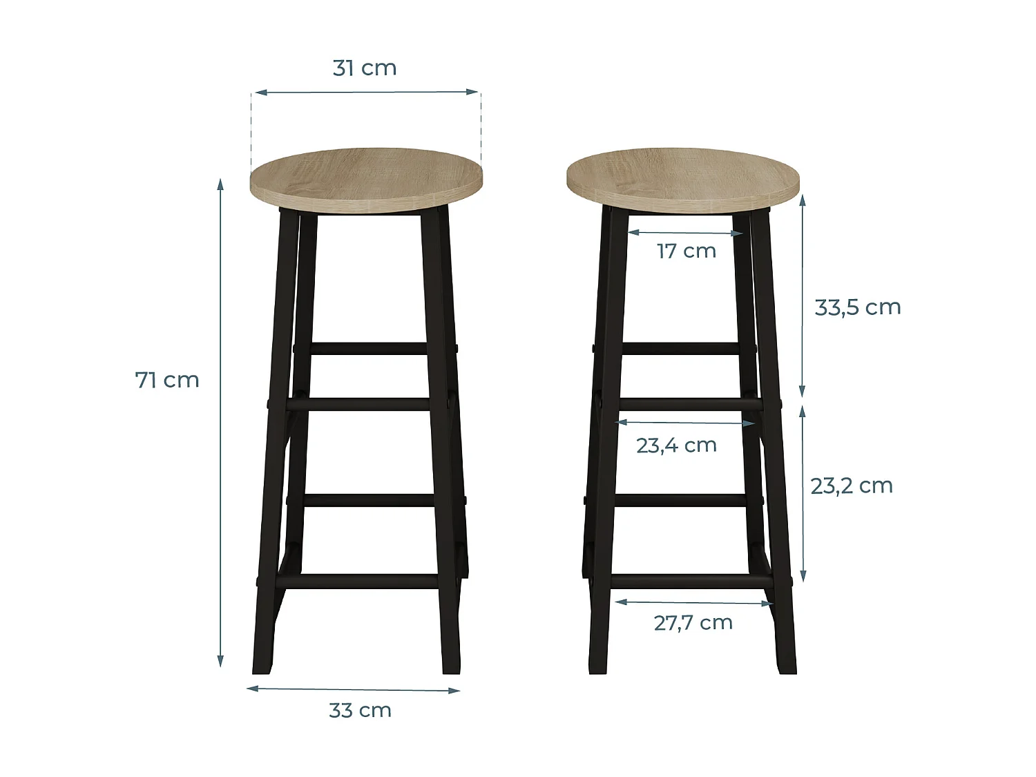 Tabourets pour Cuisine Salle à manger en Noir et Sonoma 33x33x71cm Lucca