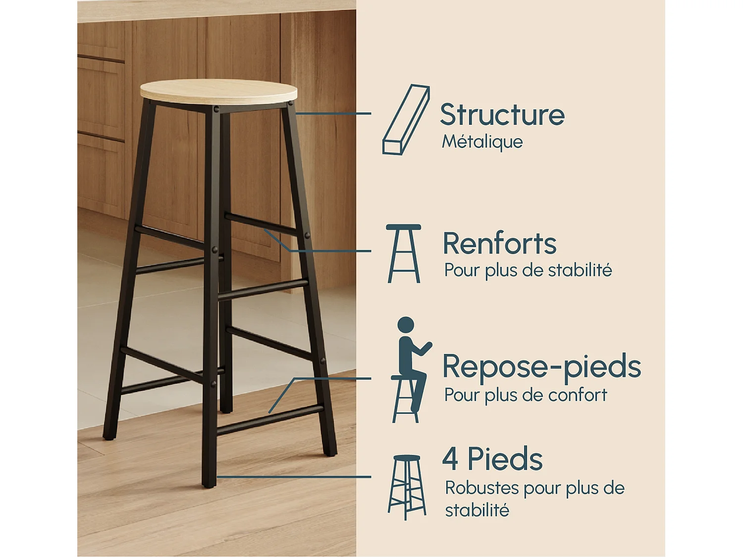 Tabourets pour Cuisine Salle à manger en Noir et Sonoma 33x33x71cm Lucca