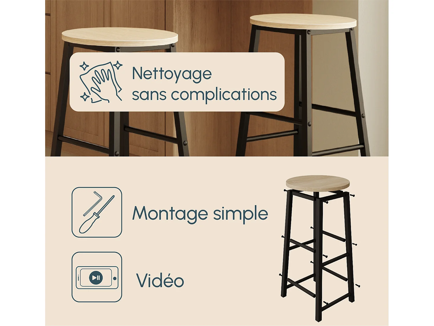 Tabourets pour Cuisine Salle à manger en Noir et Sonoma 33x33x71cm Lucca