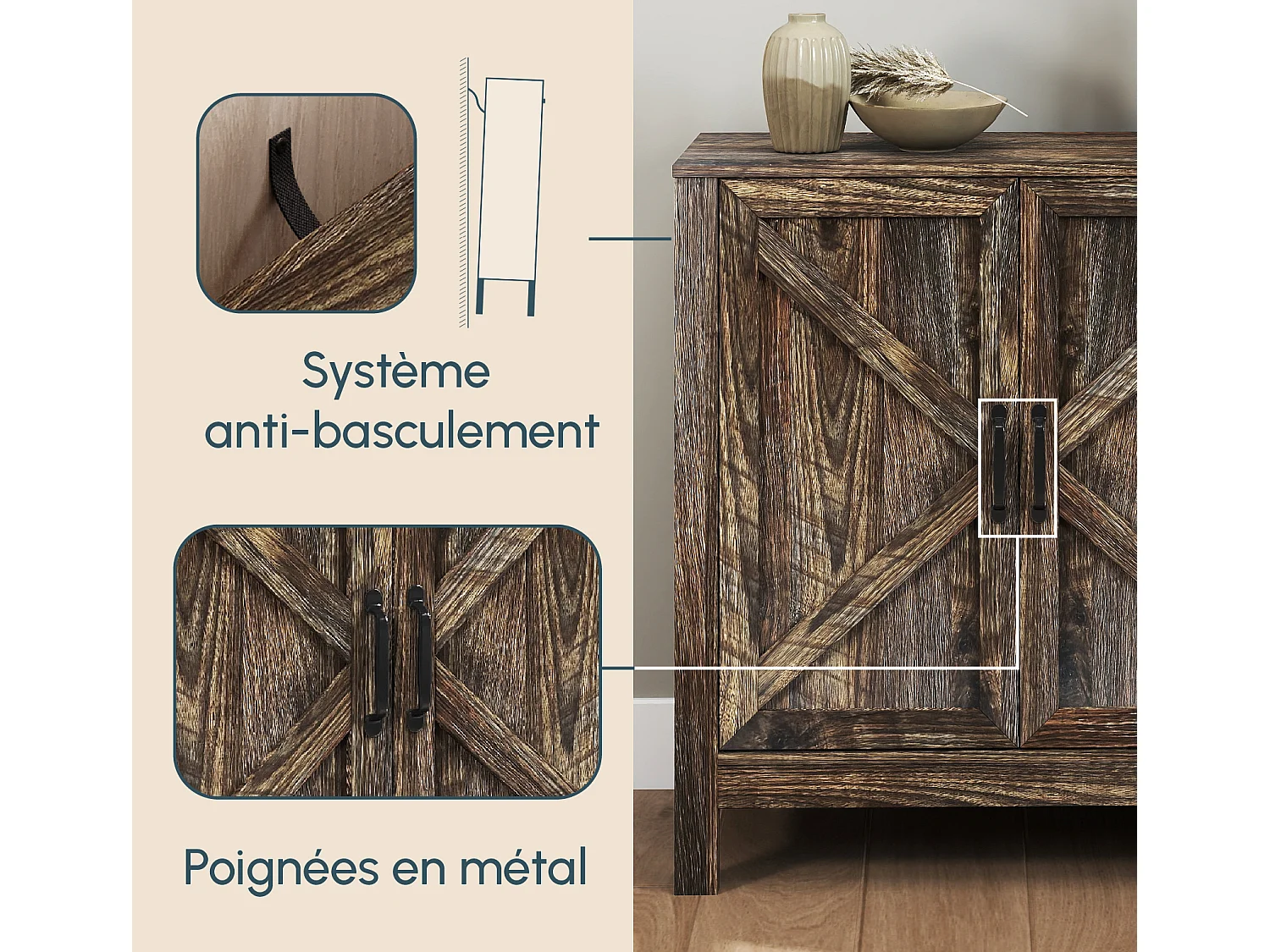 Aparador para Salón comedor en Color Roble Rustic 80x35x85cm Olivia