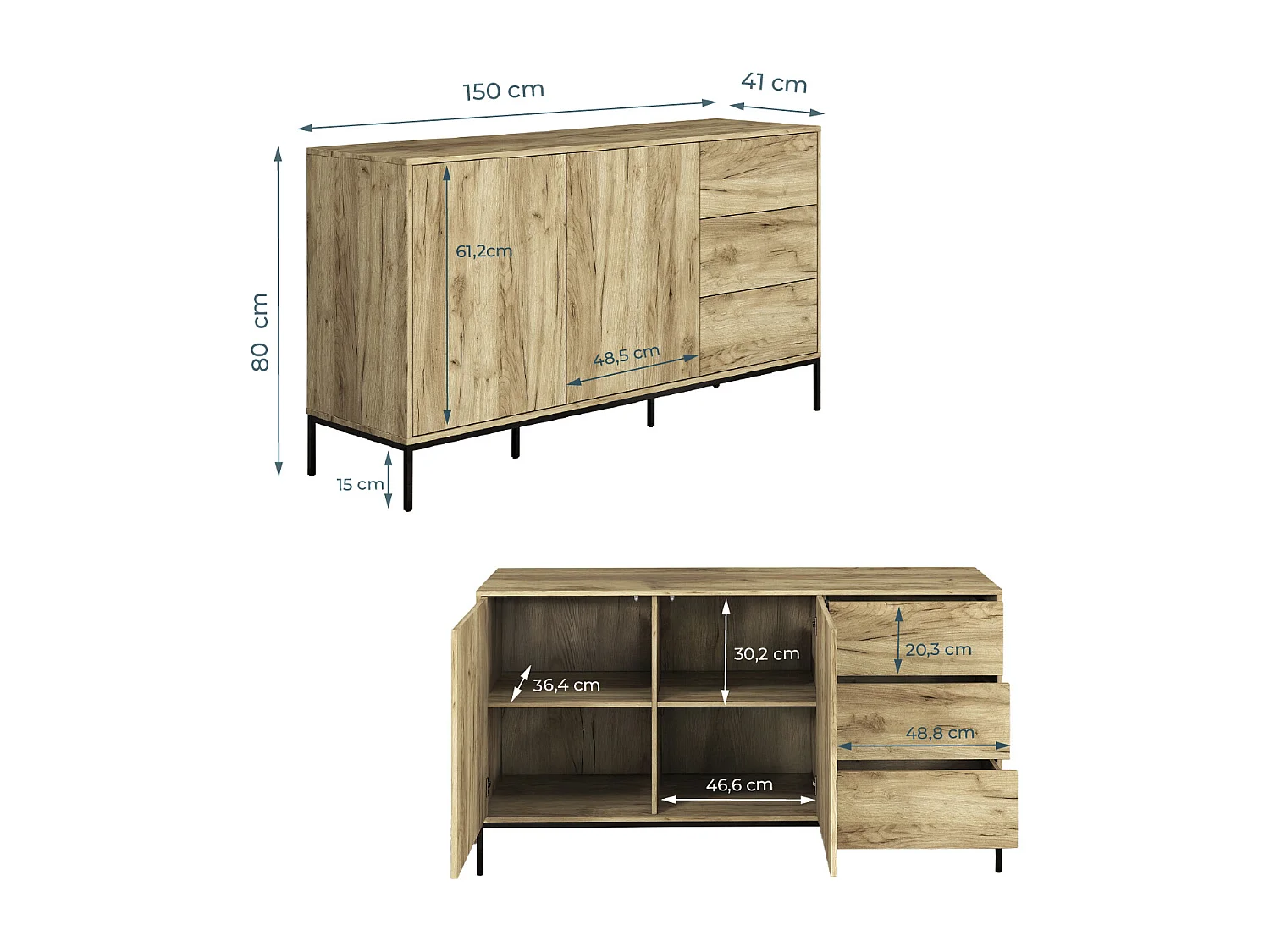 Aparador para Salón comedor en Color Roble Alpes 150x41x80cm Serena