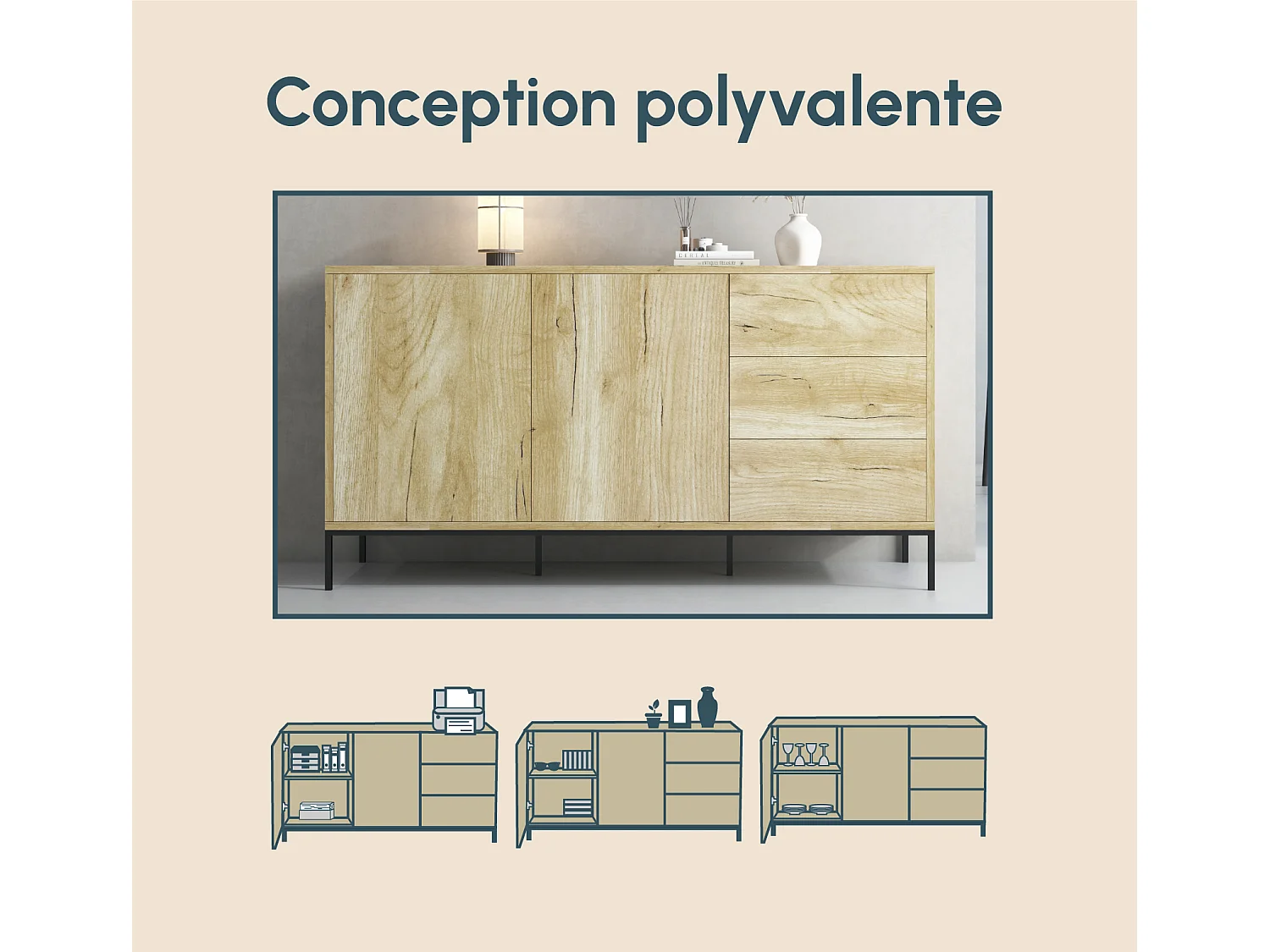 Aparador para Salón comedor en Color Roble Alpes 150x41x80cm Serena