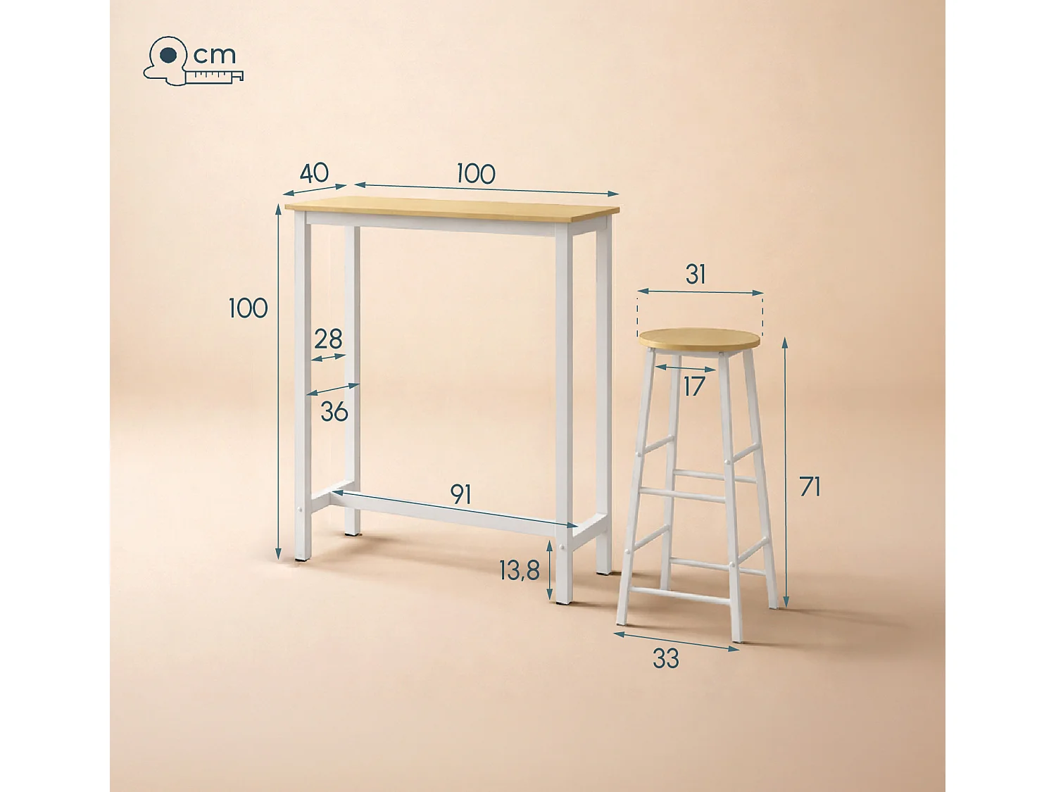 Table haute avec 2 tabourets en Blanc et Sonoma 100x40x100cm Ani