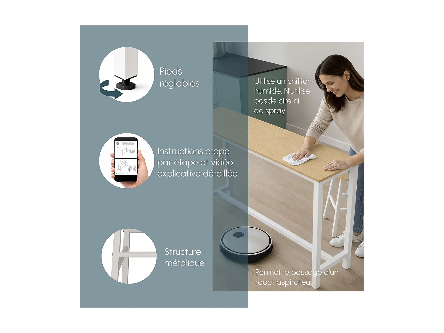 Table haute avec 2 tabourets en Blanc et Sonoma 100x40x100cm Ani