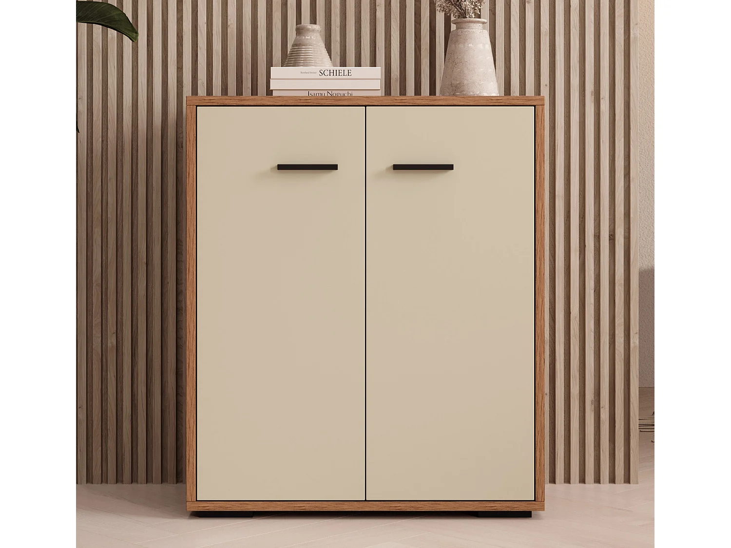 Bahut Buffet bas pour Salon Salle à manger en Noyer Ambar et Beige 60x30x71cm Lander L2