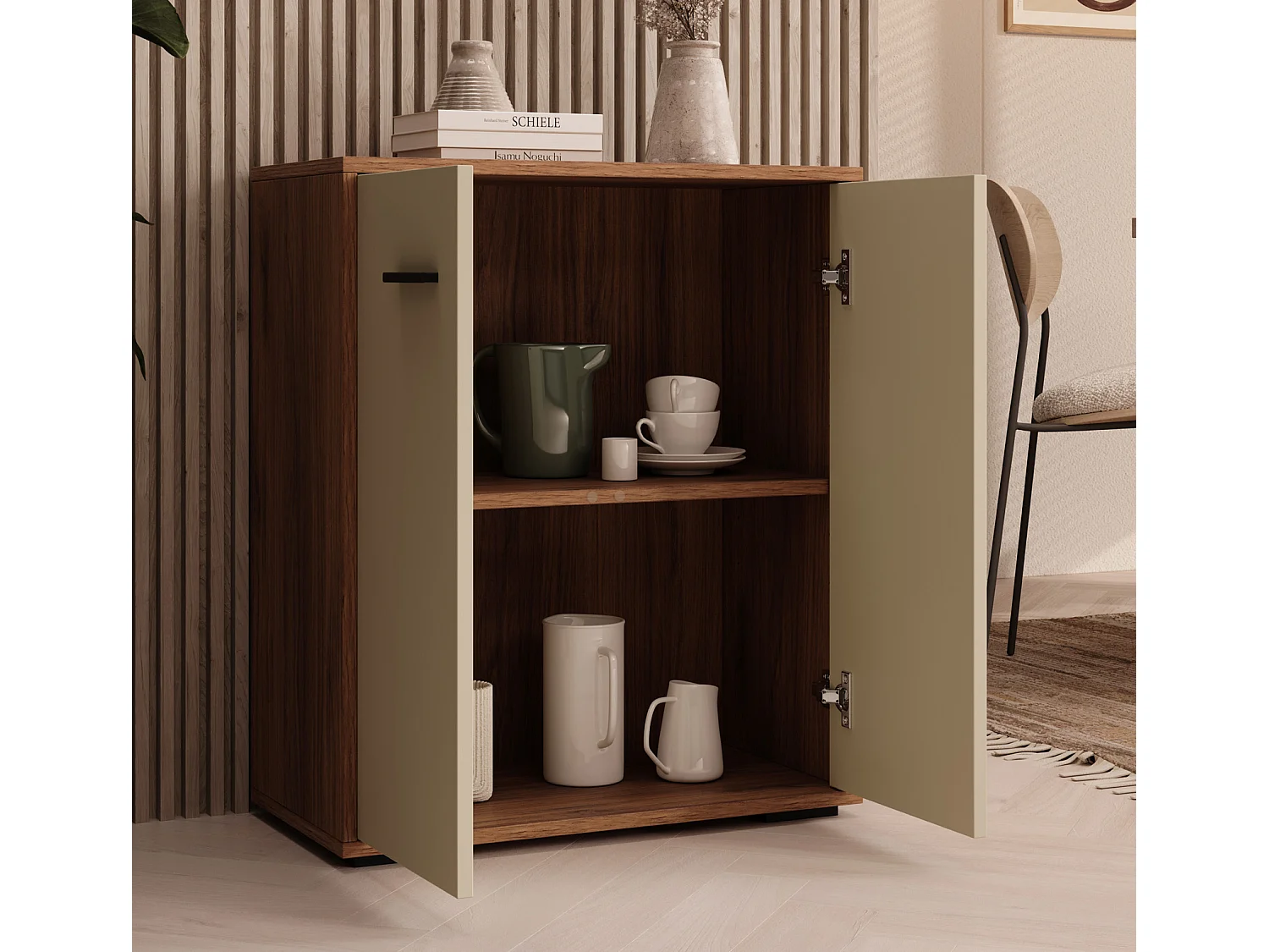 Bahut Buffet bas pour Salon Salle à manger en Noyer Ambar et Beige 60x30x71cm Lander L2