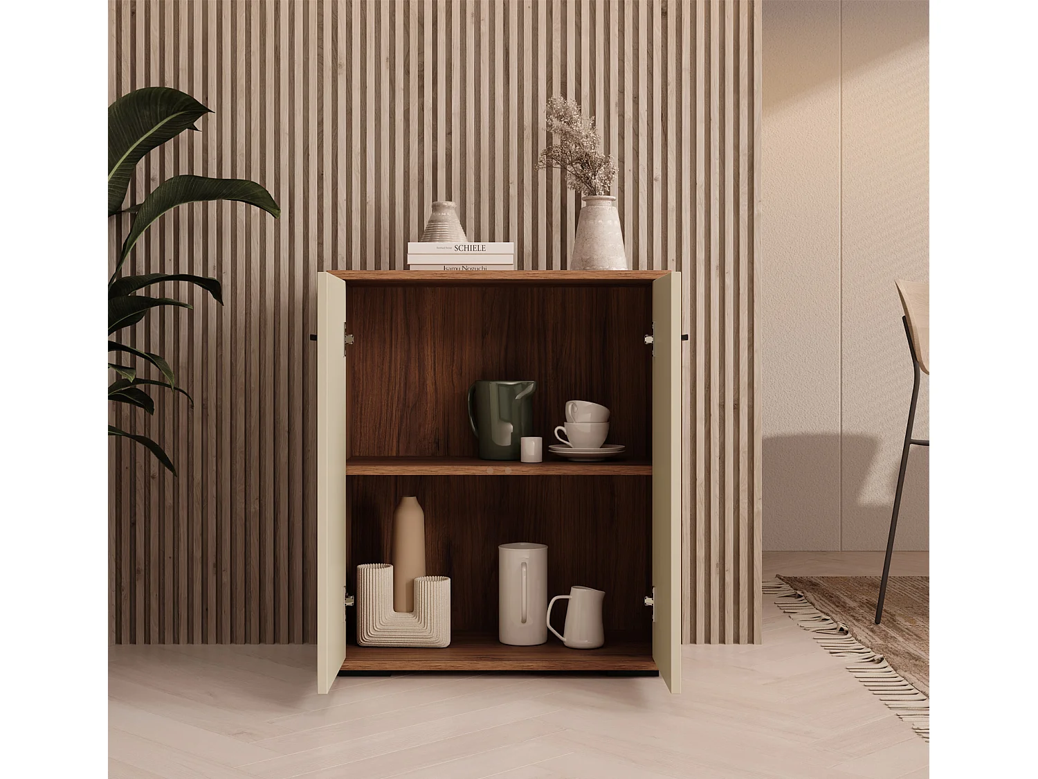 Bahut Buffet bas pour Salon Salle à manger en Noyer Ambar et Beige 60x30x71cm Lander L2