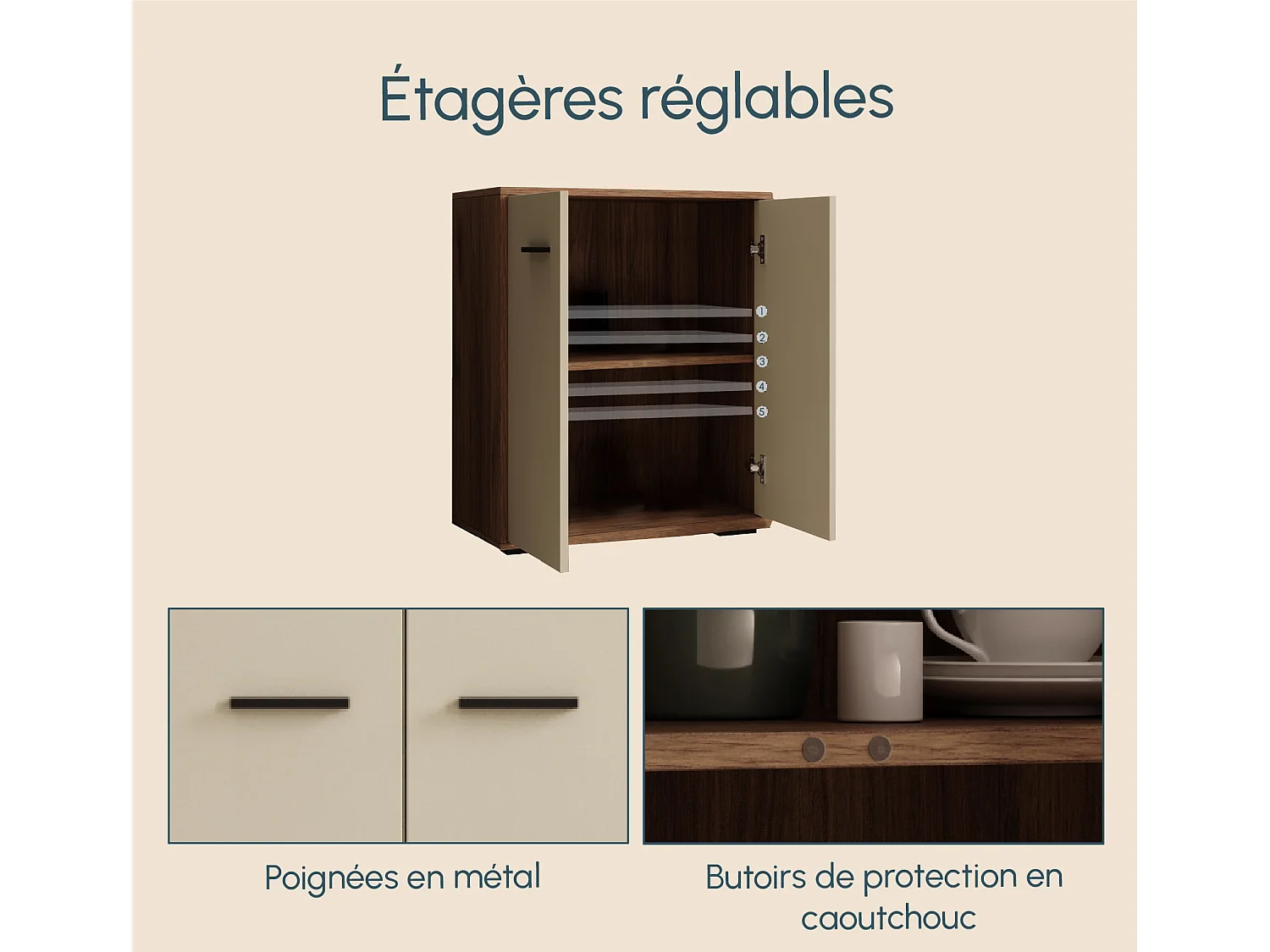 Bahut Buffet bas pour Salon Salle à manger en Noyer Ambar et Beige 60x30x71cm Lander L2