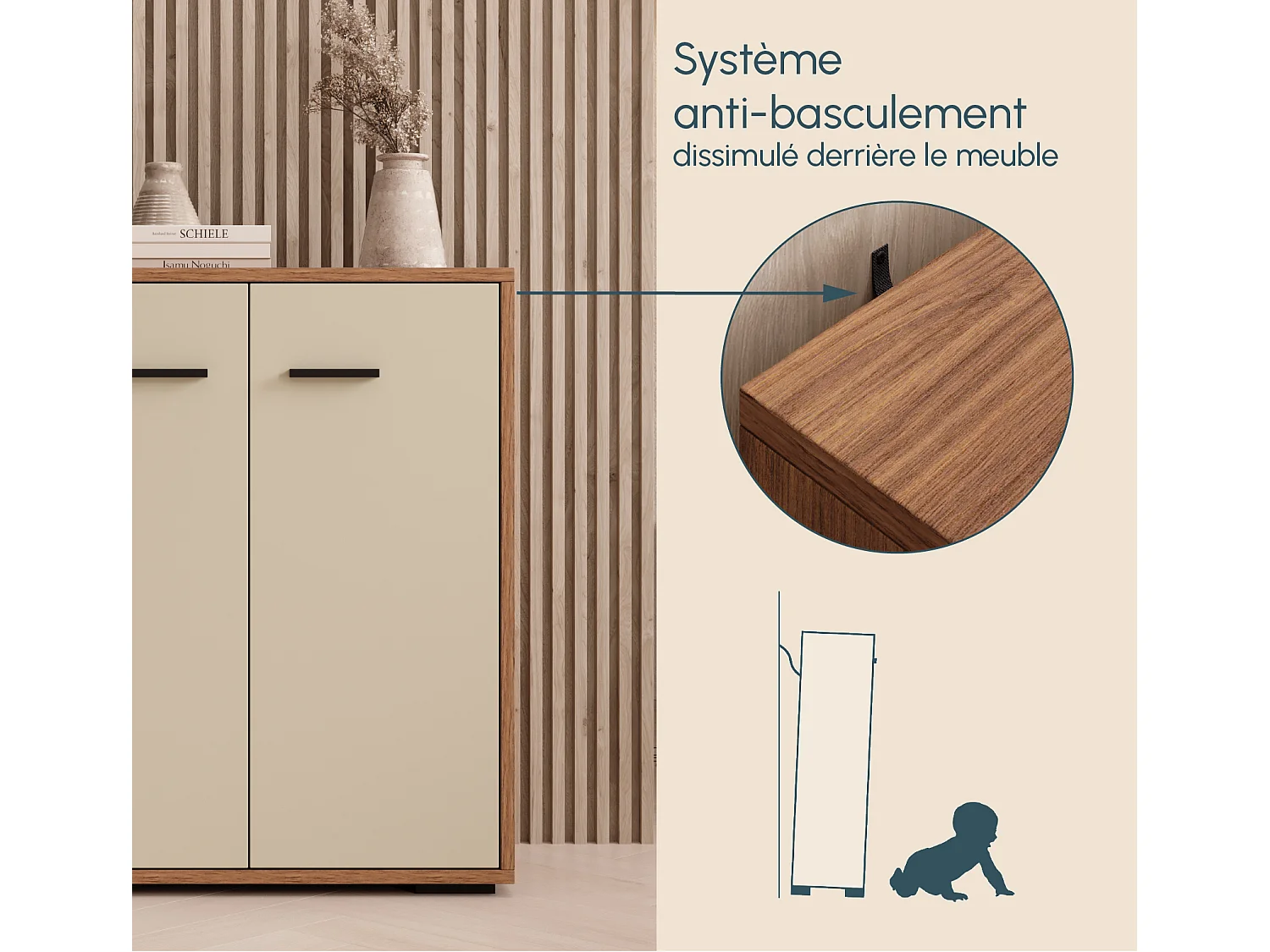 Bahut Buffet bas pour Salon Salle à manger en Noyer Ambar et Beige 60x30x71cm Lander L2