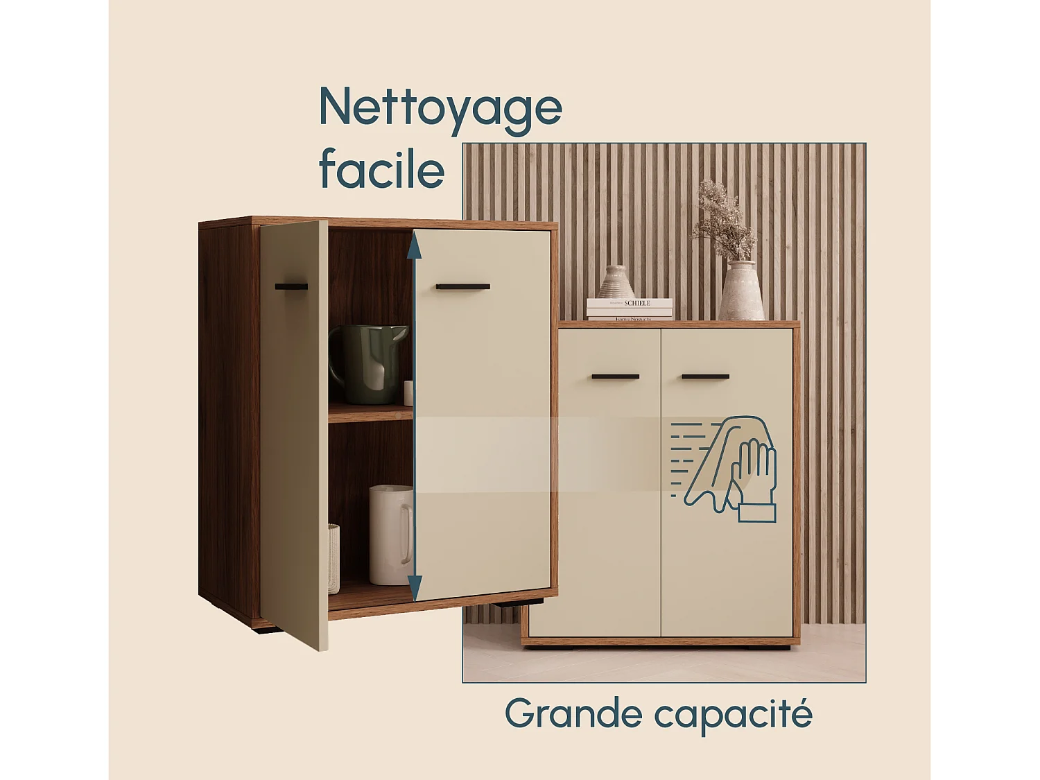 Bahut Buffet bas pour Salon Salle à manger en Noyer Ambar et Beige 60x30x71cm Lander L2