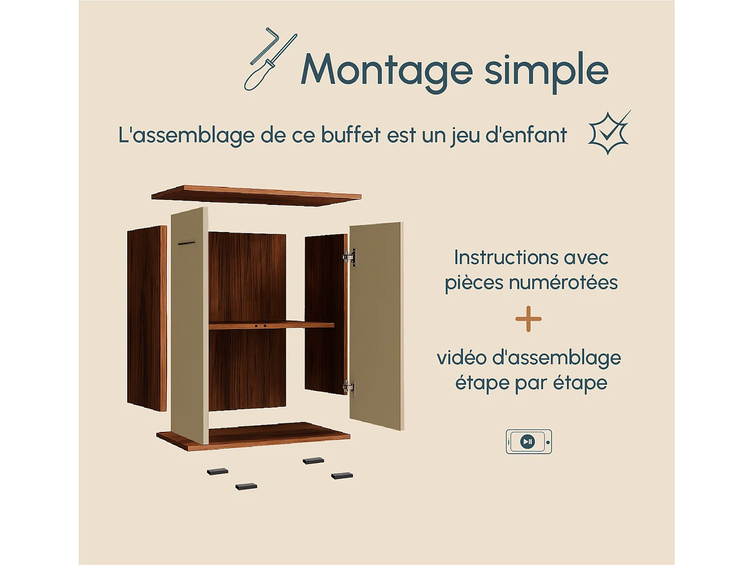 Bahut Buffet bas pour Salon Salle à manger en Noyer Ambar et Beige 60x30x71cm Lander L2