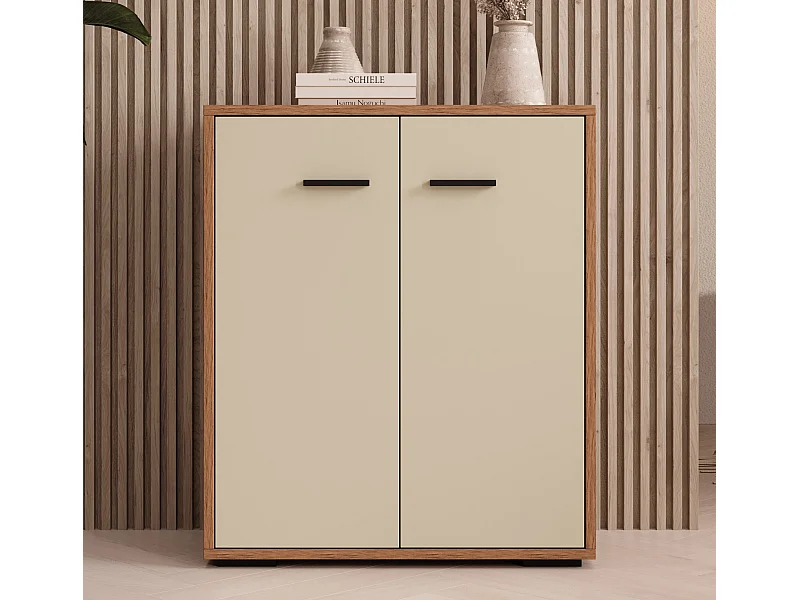 Bahut Buffet bas pour Salon Salle à manger en Noyer Ambar et Beige 60x30x71cm Lander L2