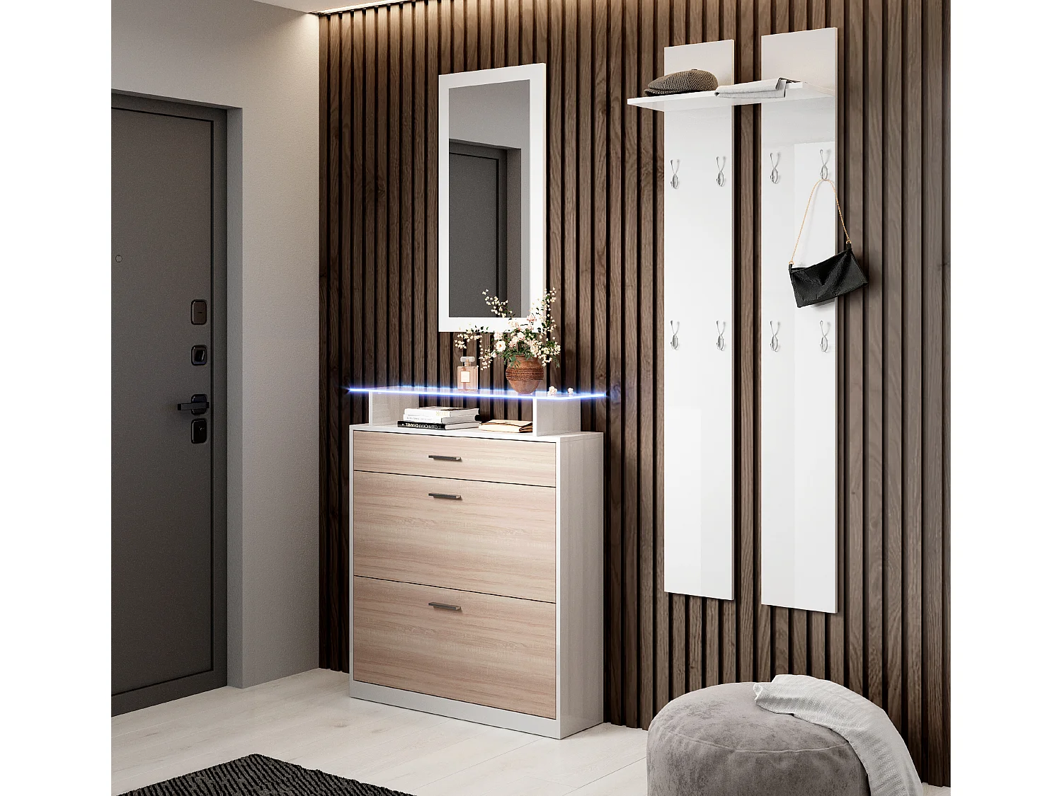 Ensemble d'entrée en Blanc et Sonoma avec LED 105x24x89cm Paola