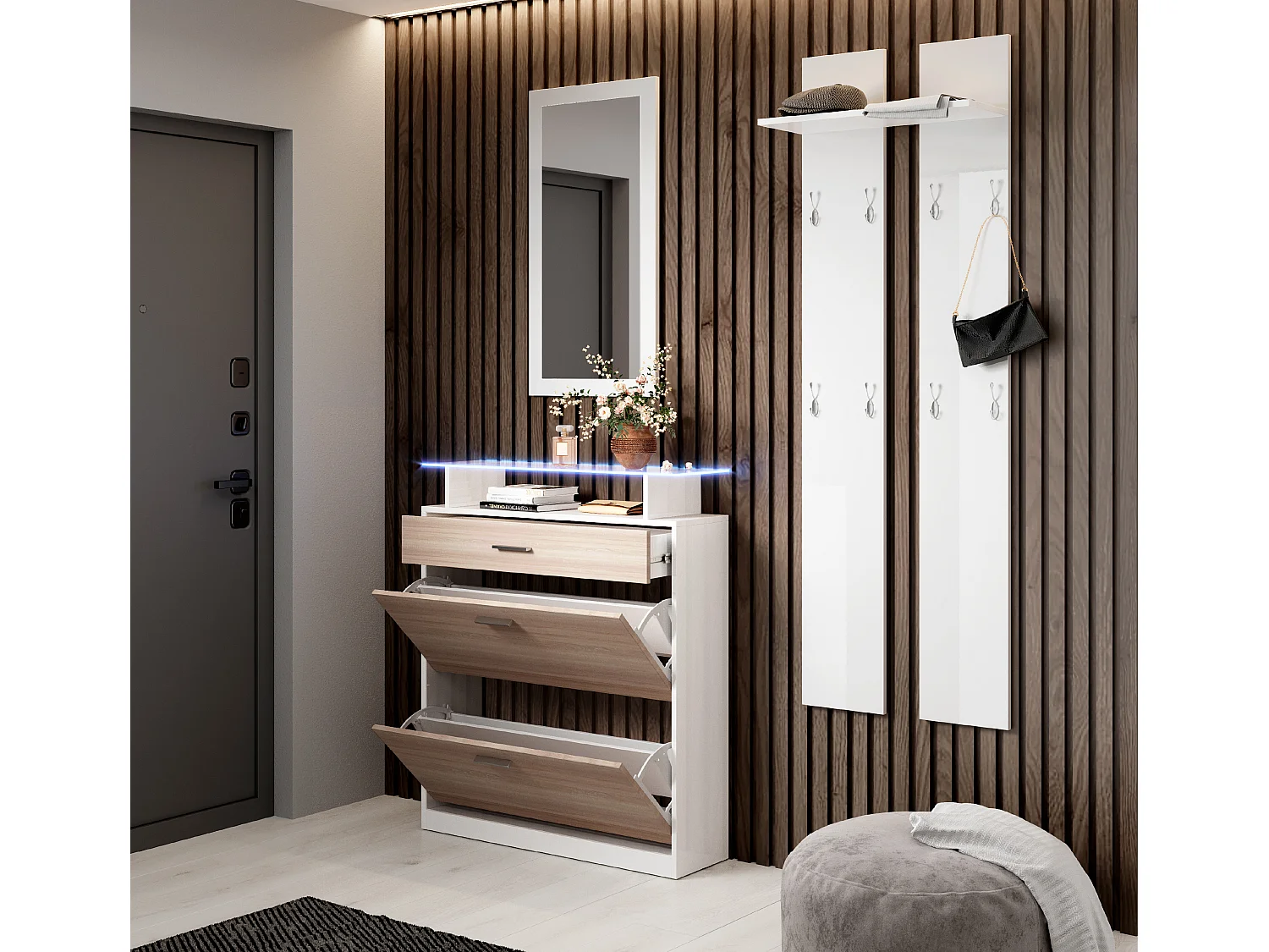 Ensemble d'entrée en Blanc et Sonoma avec LED 105x24x89cm Paola