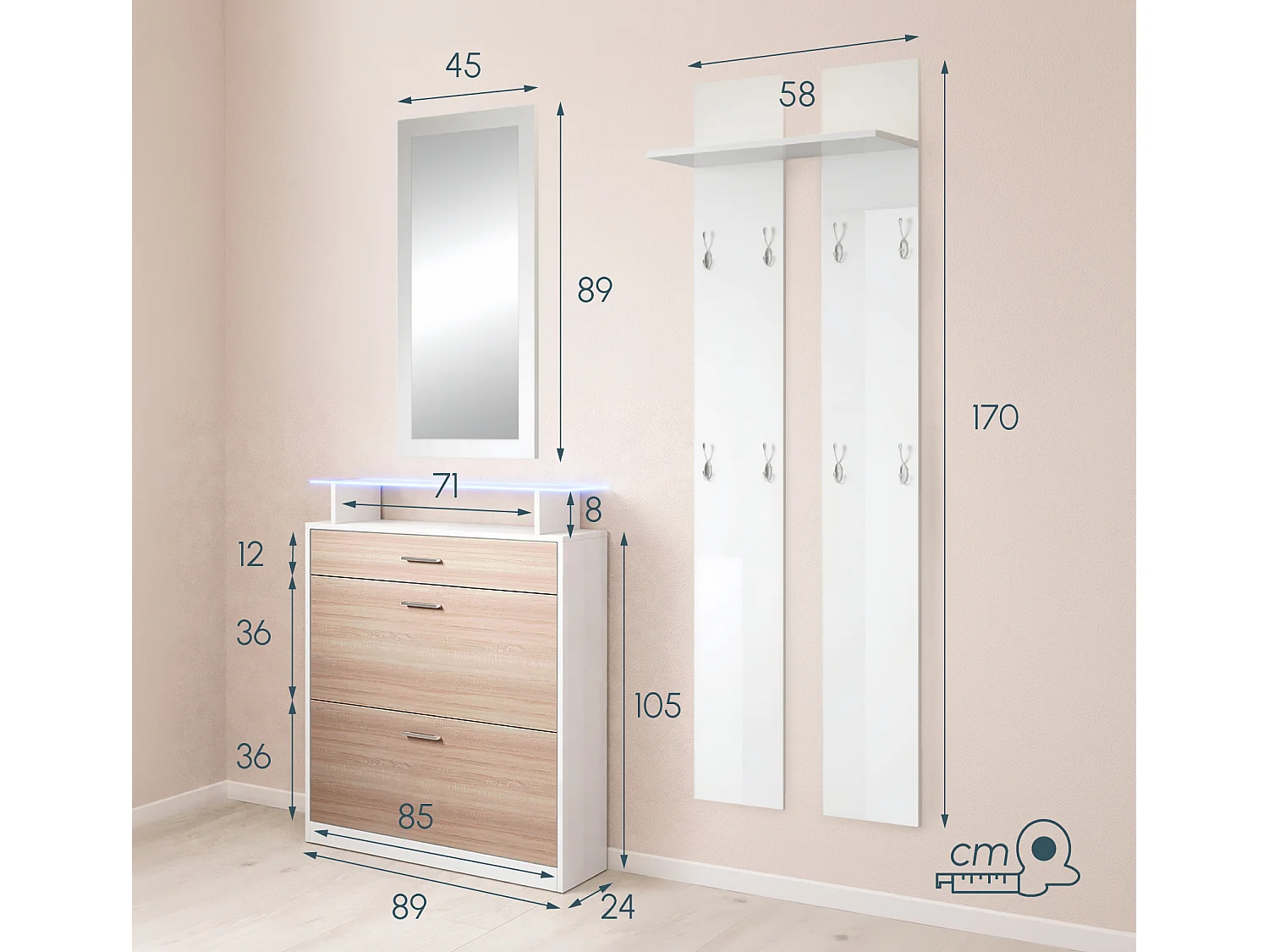 Conjunto recibidor para Entrada Pasillo en Blanco y Sonoma con LED 105x24x89cm Paola