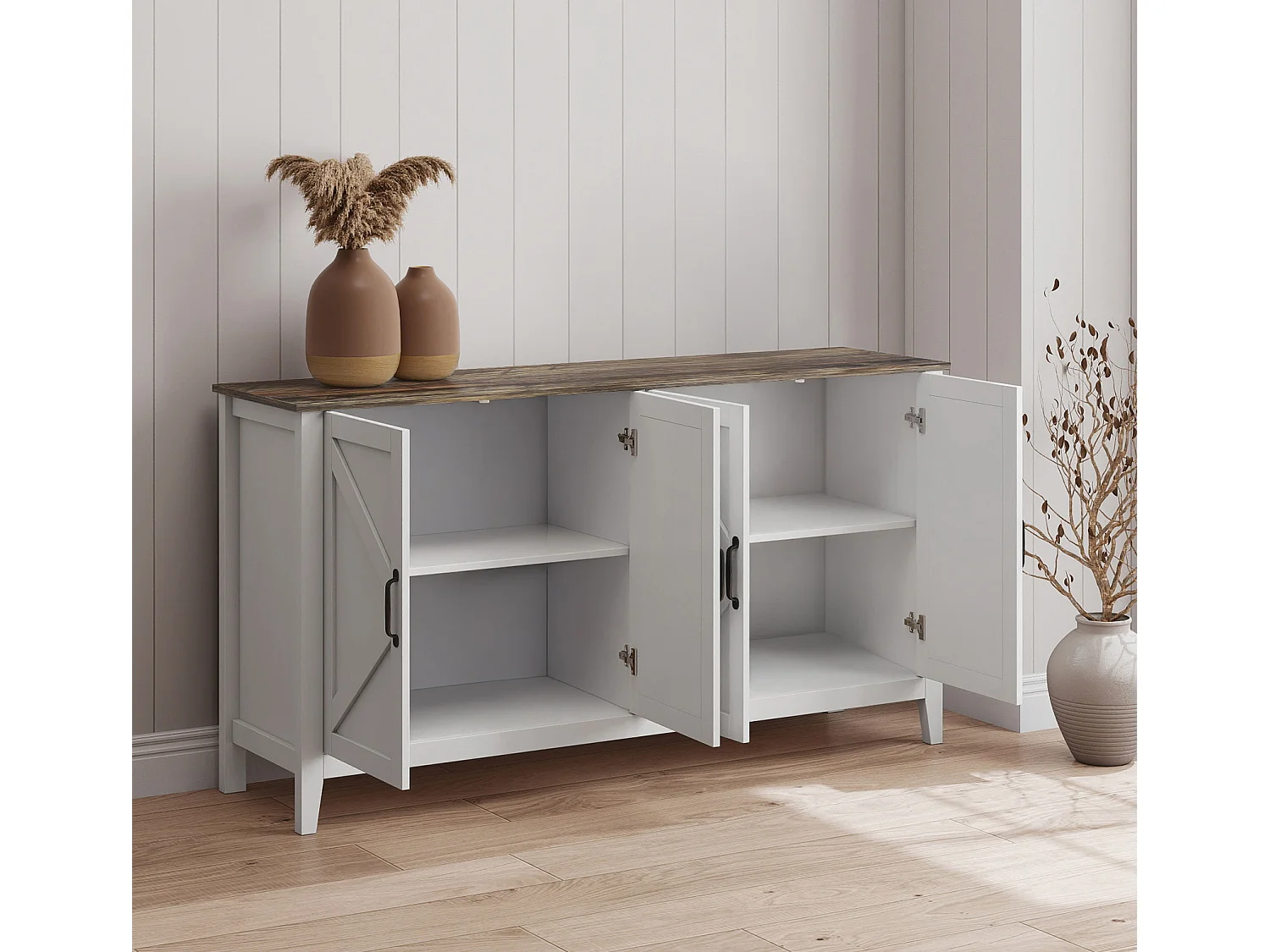 Aparador para Salón comedor en Color Blanco y Roble Rustic 140x40x80cm Olivia