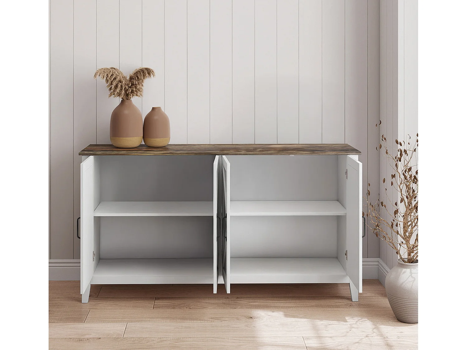 Aparador para Salón comedor en Color Blanco y Roble Rustic 140x40x80cm Olivia