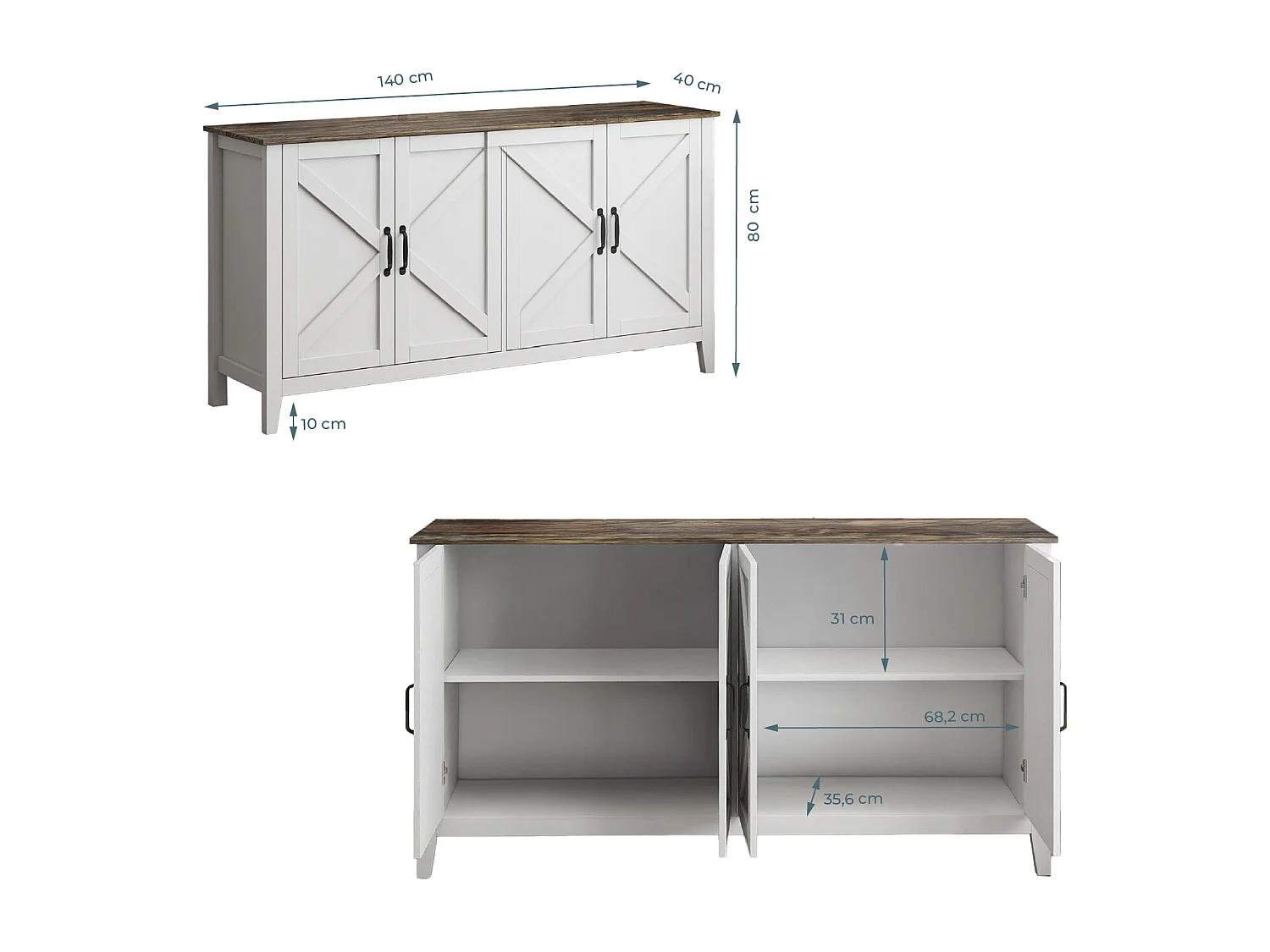 Aparador para Salón comedor en Color Blanco y Roble Rustic 140x40x80cm Olivia