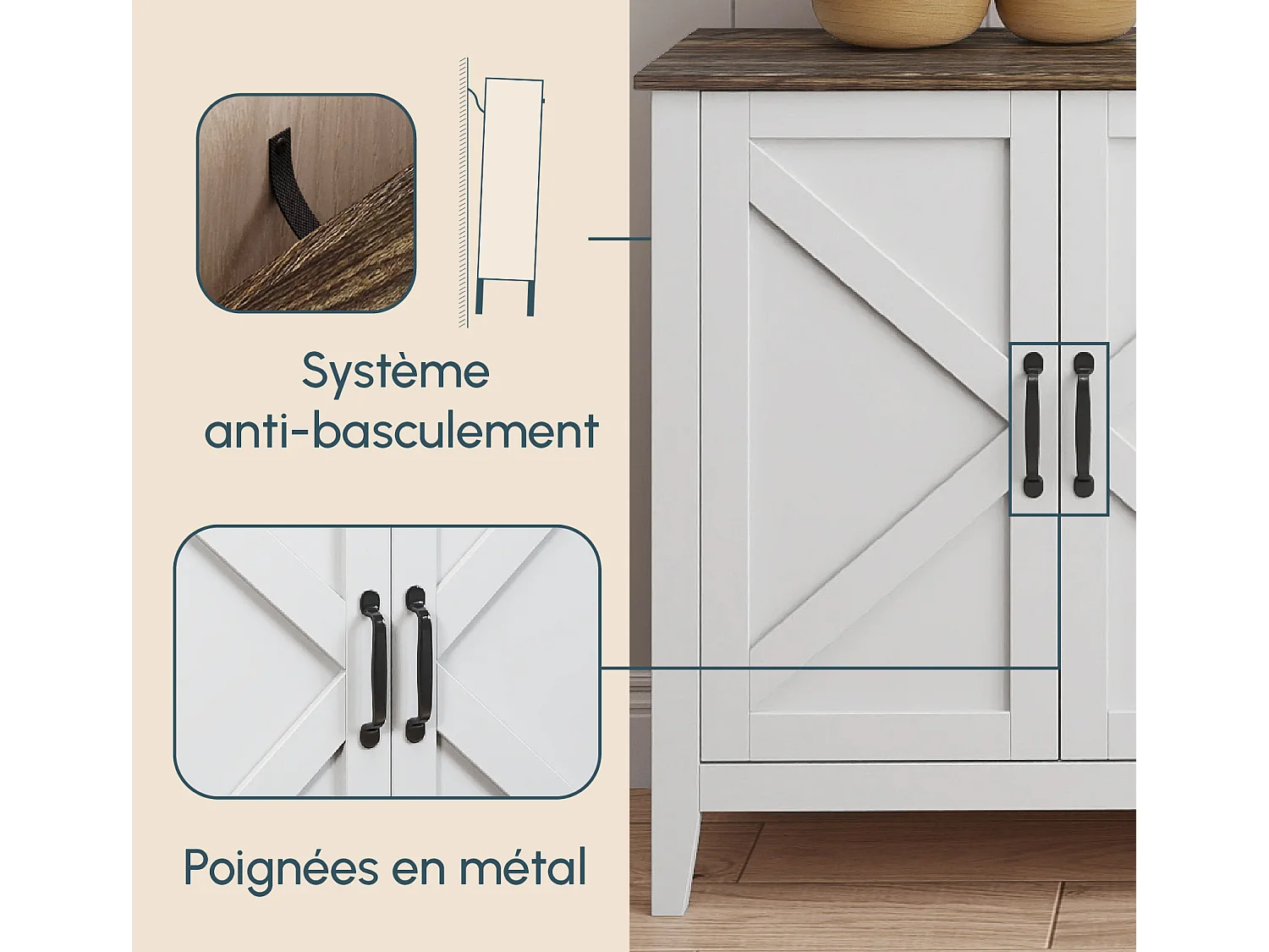 Aparador para Salón comedor en Color Blanco y Roble Rustic 140x40x80cm Olivia