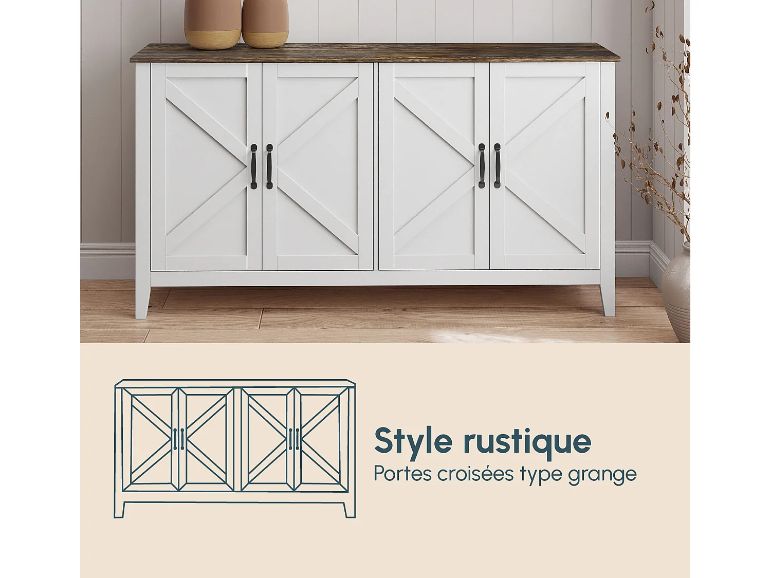 Aparador para Salón comedor en Color Blanco y Roble Rustic 140x40x80cm Olivia