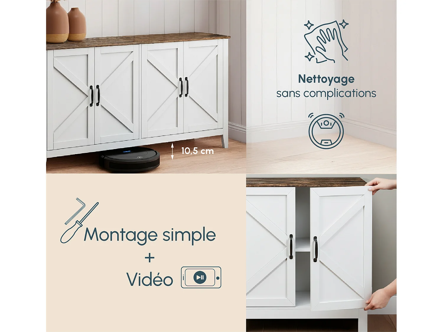 Aparador para Salón comedor en Color Blanco y Roble Rustic 140x40x80cm Olivia