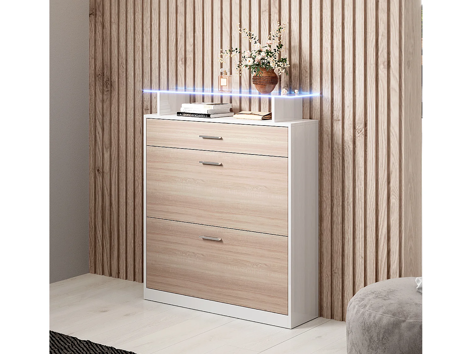 Meuble d’entrée à chaussures en Blanc et Sonoma avec LED 89x24x105cm Paola