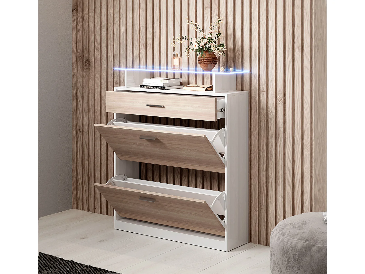 Meuble d’entrée à chaussures en Blanc et Sonoma avec LED 89x24x105cm Paola