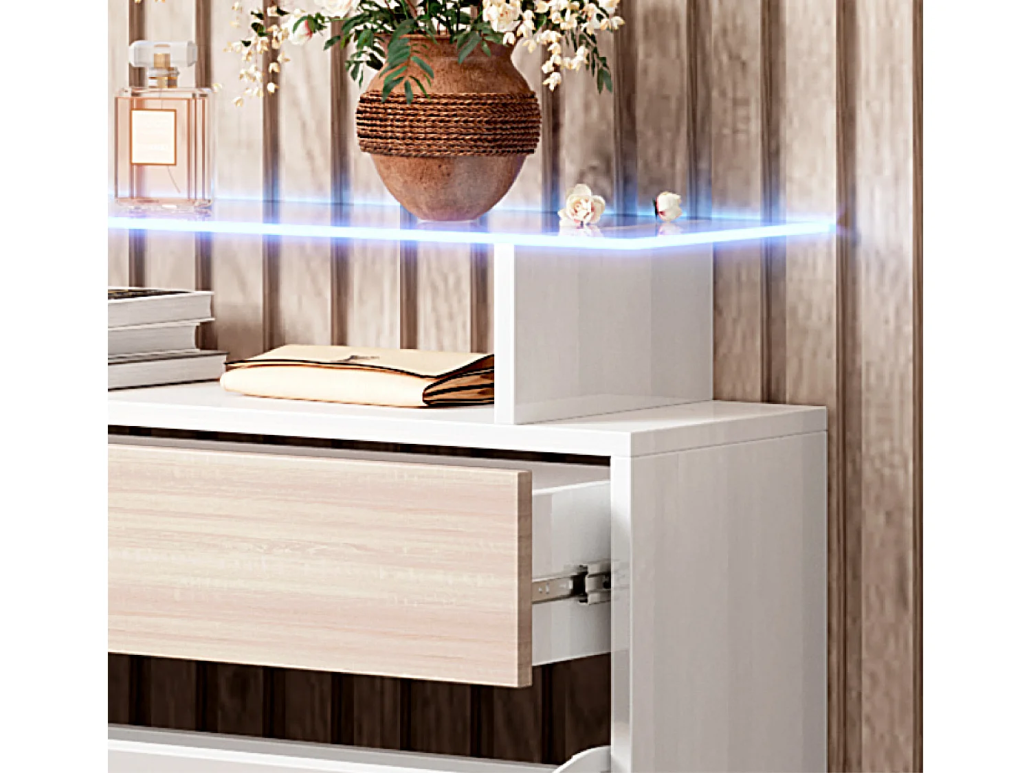Meuble d’entrée à chaussures en Blanc et Sonoma avec LED 89x24x105cm Paola