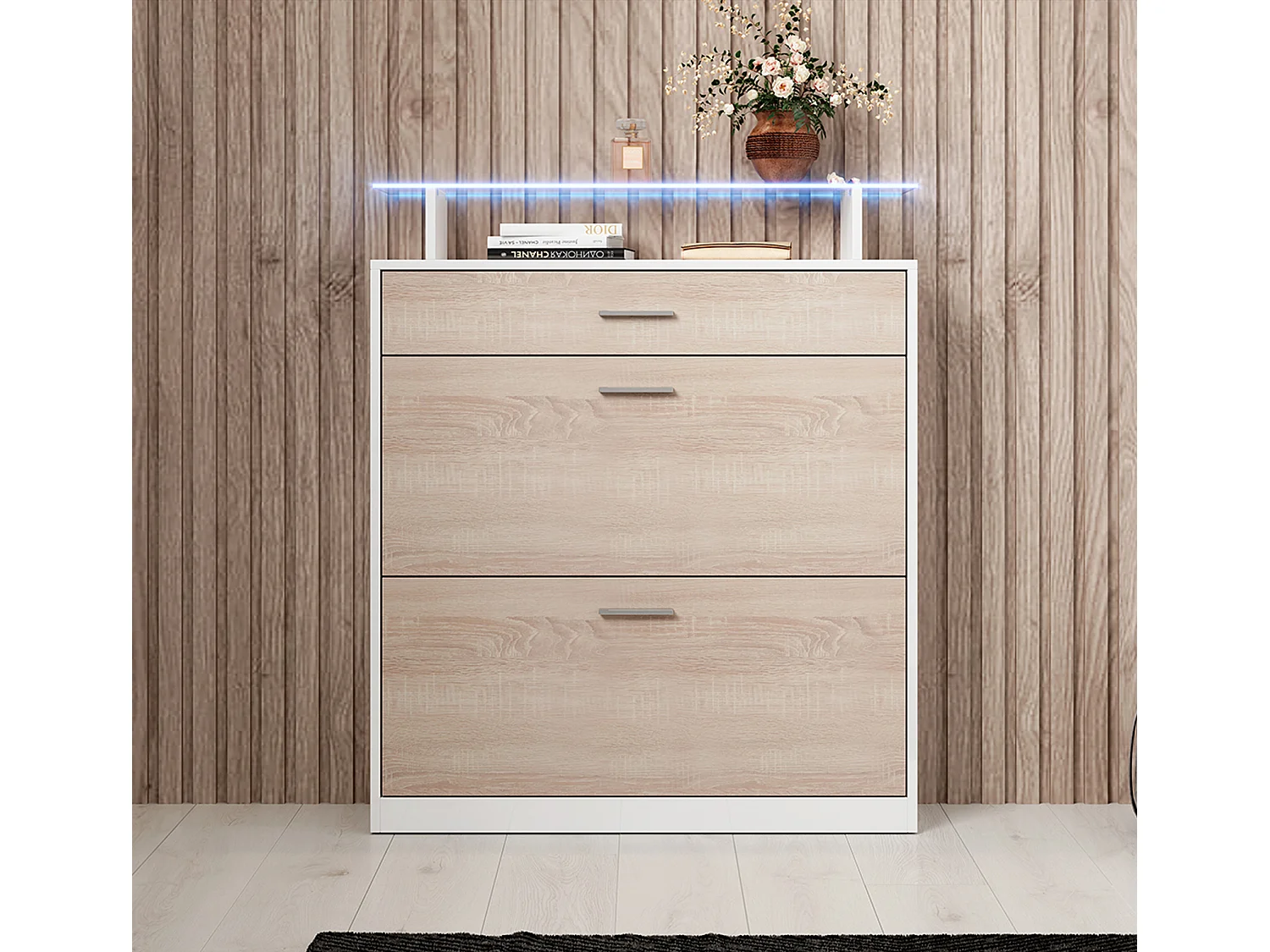 Recibidor zapatero para Entrada Pasillo en Blanco y Sonoma con LED 89x24x105cm Paola
