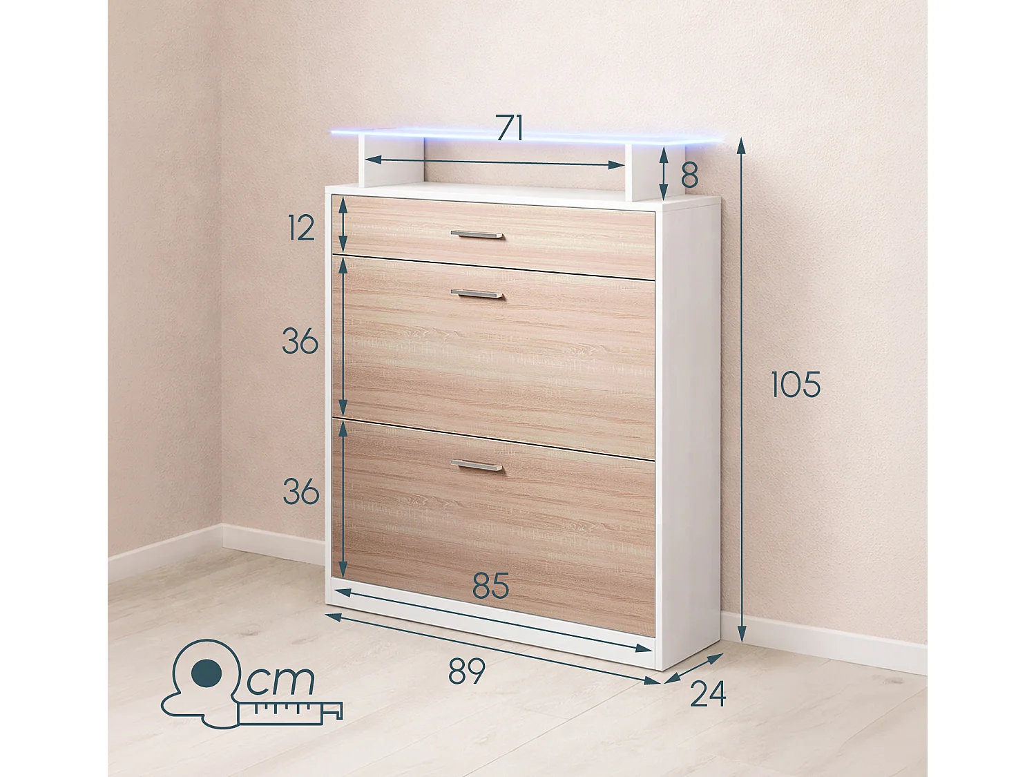 Recibidor zapatero para Entrada Pasillo en Blanco y Sonoma con LED 89x24x105cm Paola