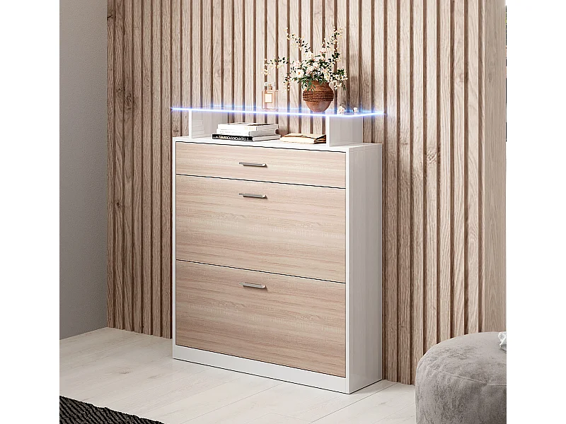 Meuble d’entrée à chaussures en Blanc et Sonoma avec LED 89x24x105cm Paola