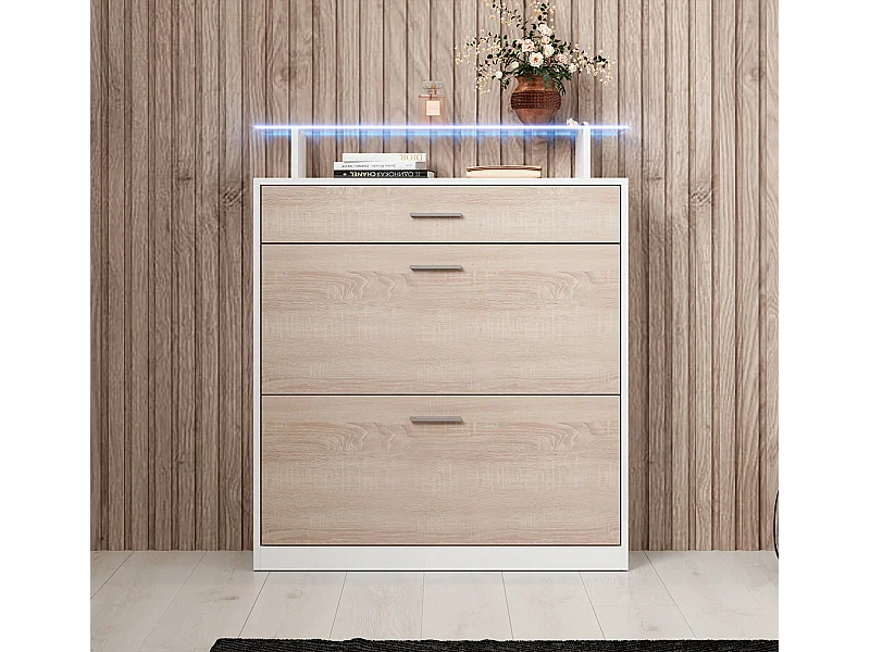 Recibidor zapatero para Entrada Pasillo en Blanco y Sonoma con LED 89x24x105cm Paola