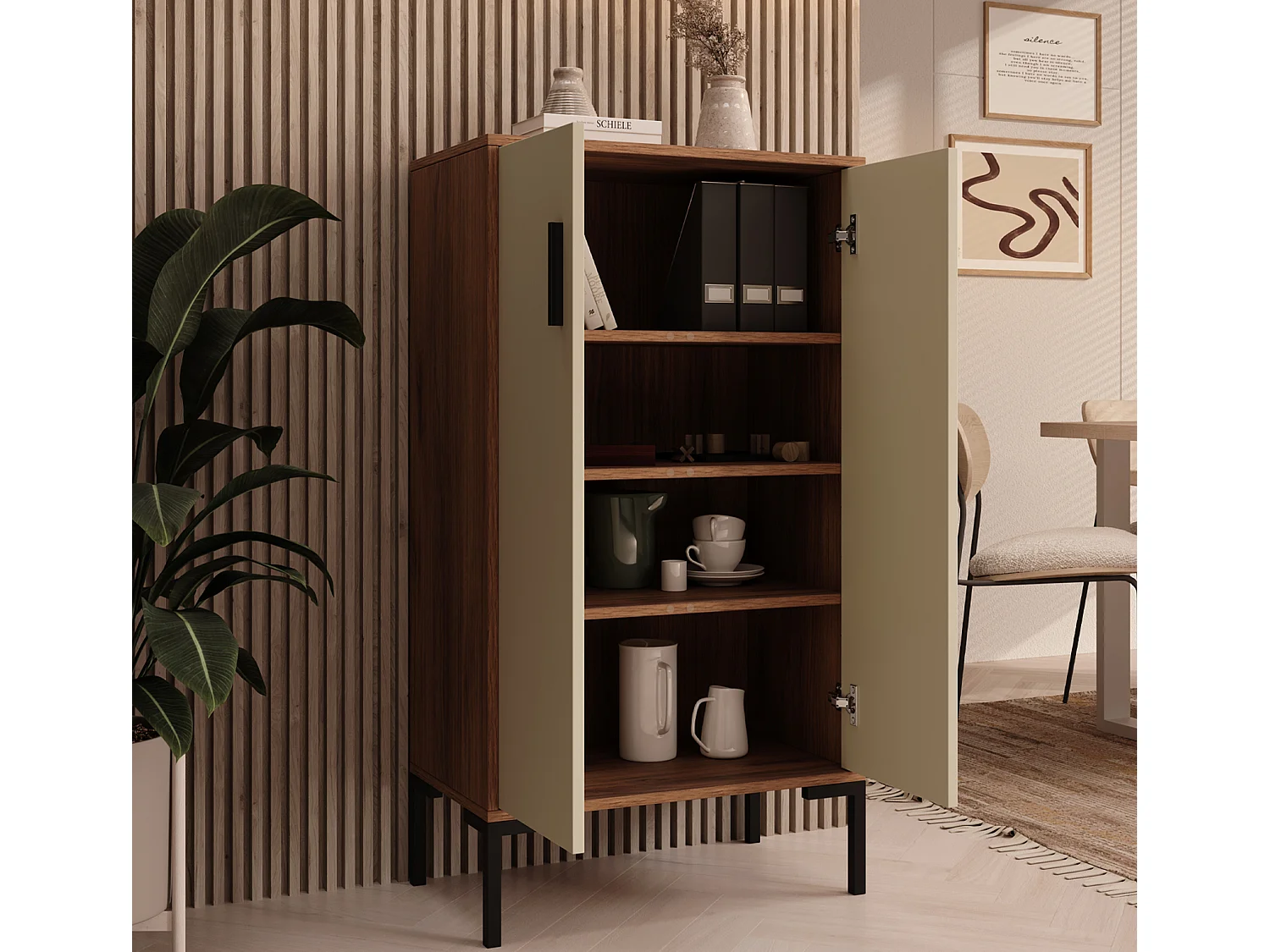 Bahut Buffet bas en Noyer Ambar et Beige 60x35x110,5cm Lander L17