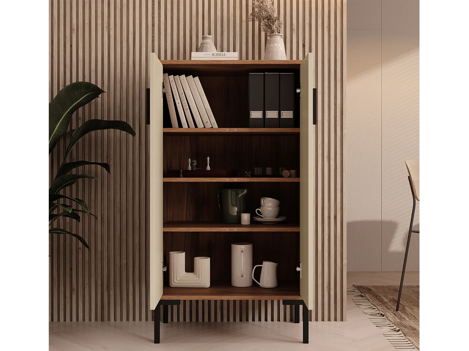 Bahut Buffet bas en Noyer Ambar et Beige 60x35x110,5cm Lander L17