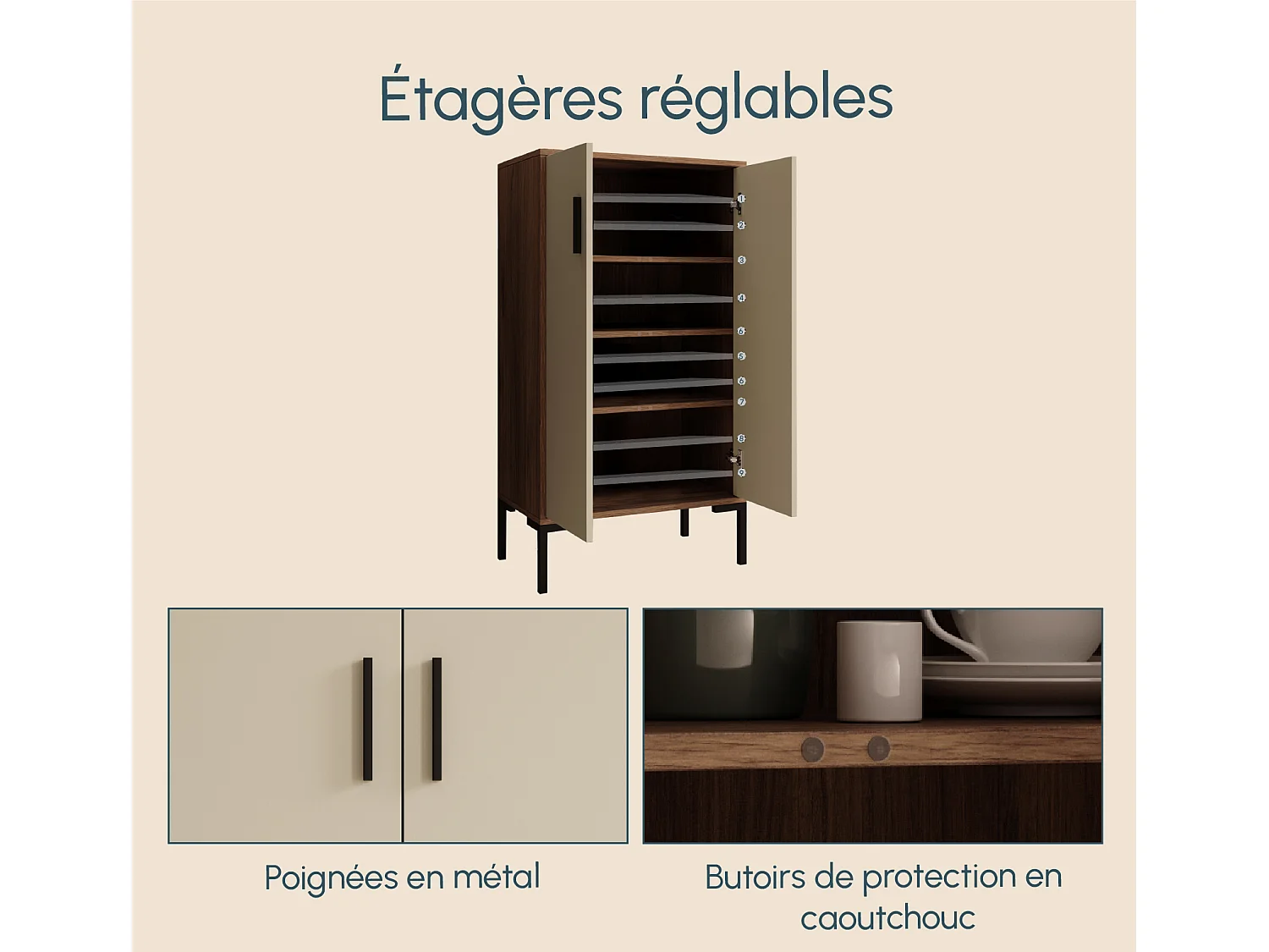 Bahut Buffet bas en Noyer Ambar et Beige 60x35x110,5cm Lander L17