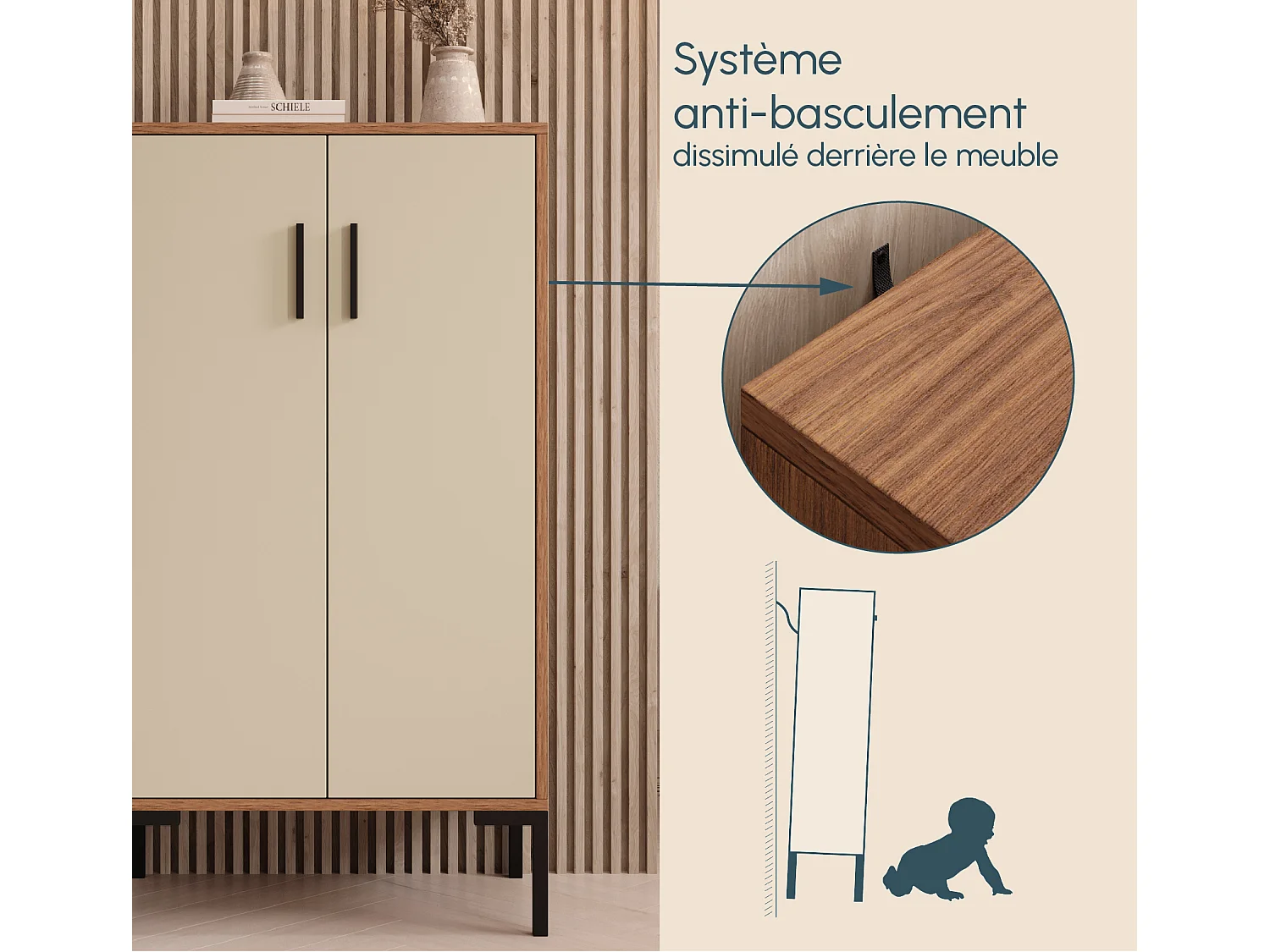 Bahut Buffet bas en Noyer Ambar et Beige 60x35x110,5cm Lander L17