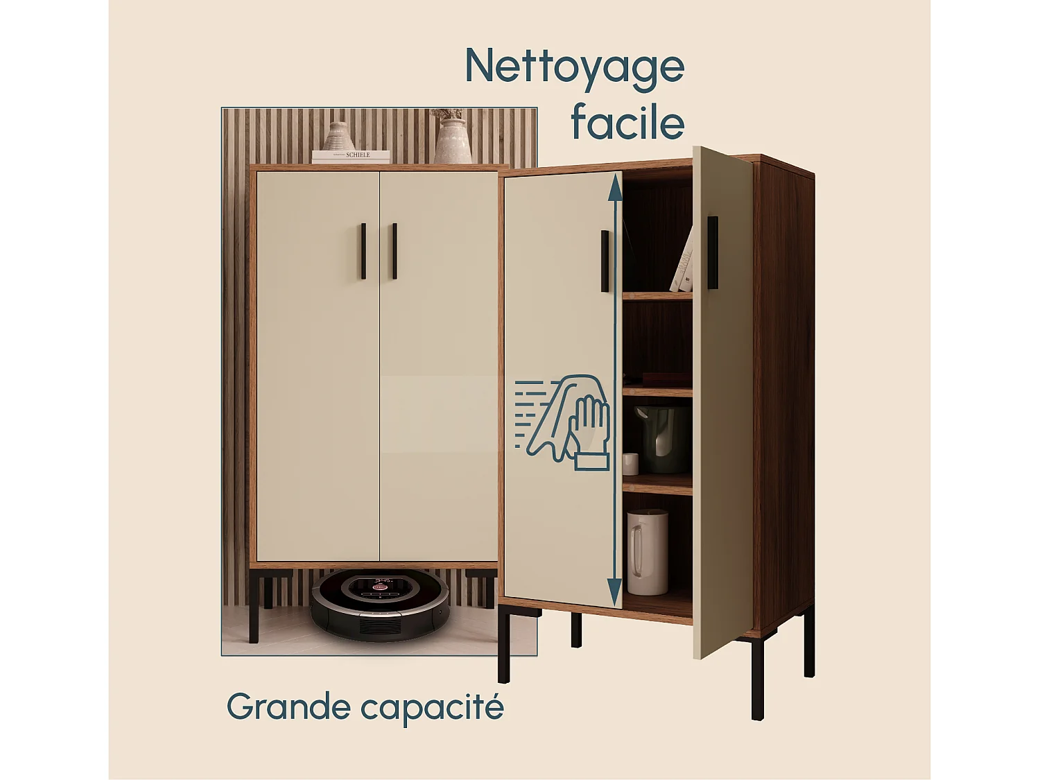 Bahut Buffet bas en Noyer Ambar et Beige 60x35x110,5cm Lander L17